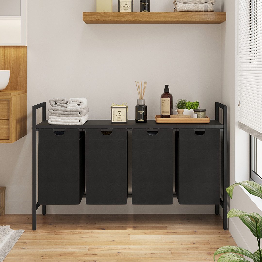 STEELSØN Wäschekorb Rigil aus Metall (3 Fächer (120 L) mit 1 MDF-Ablagefläche, schwarz), auch verfügbar mit 2 oder 4 Fächern, ausziehbar & abnehmbar – Bild 2 von 5