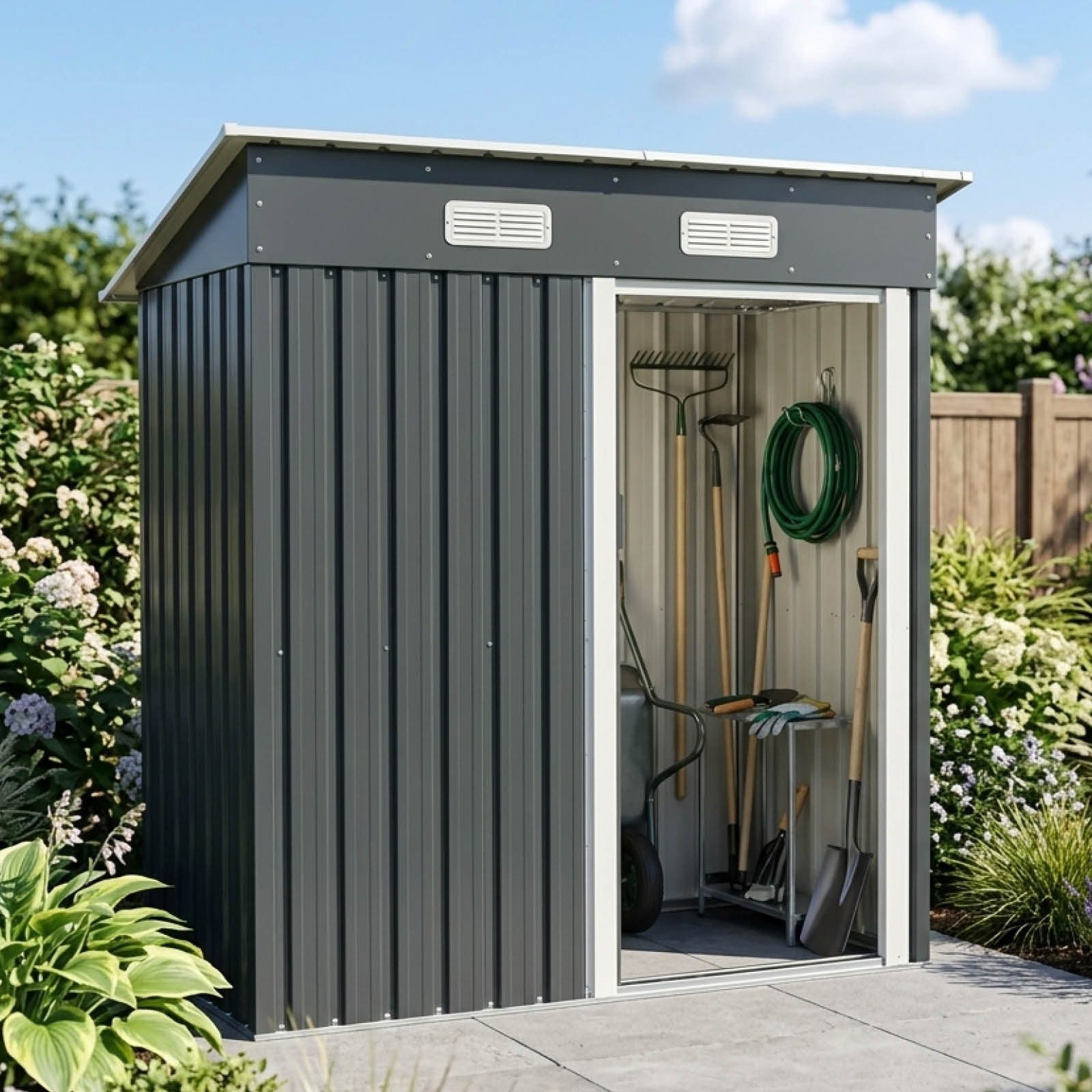 BRAST Gartenhaus Gerätehaus Geräteschuppen Metall, TÜV geprüft, viele Größen, BxT: 163x89 cm, mit Pultdach & Schiebetür, wetterfest wasserdicht