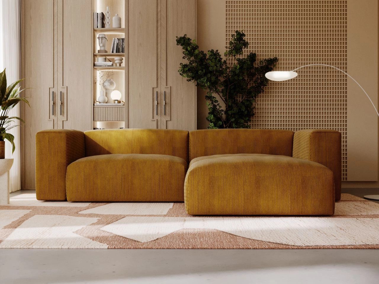 GrainGold Ecksofa L-Form LANDI - 240x180 cm, Honigfarben, Rechts, Wellenfedern, T25-Schaum