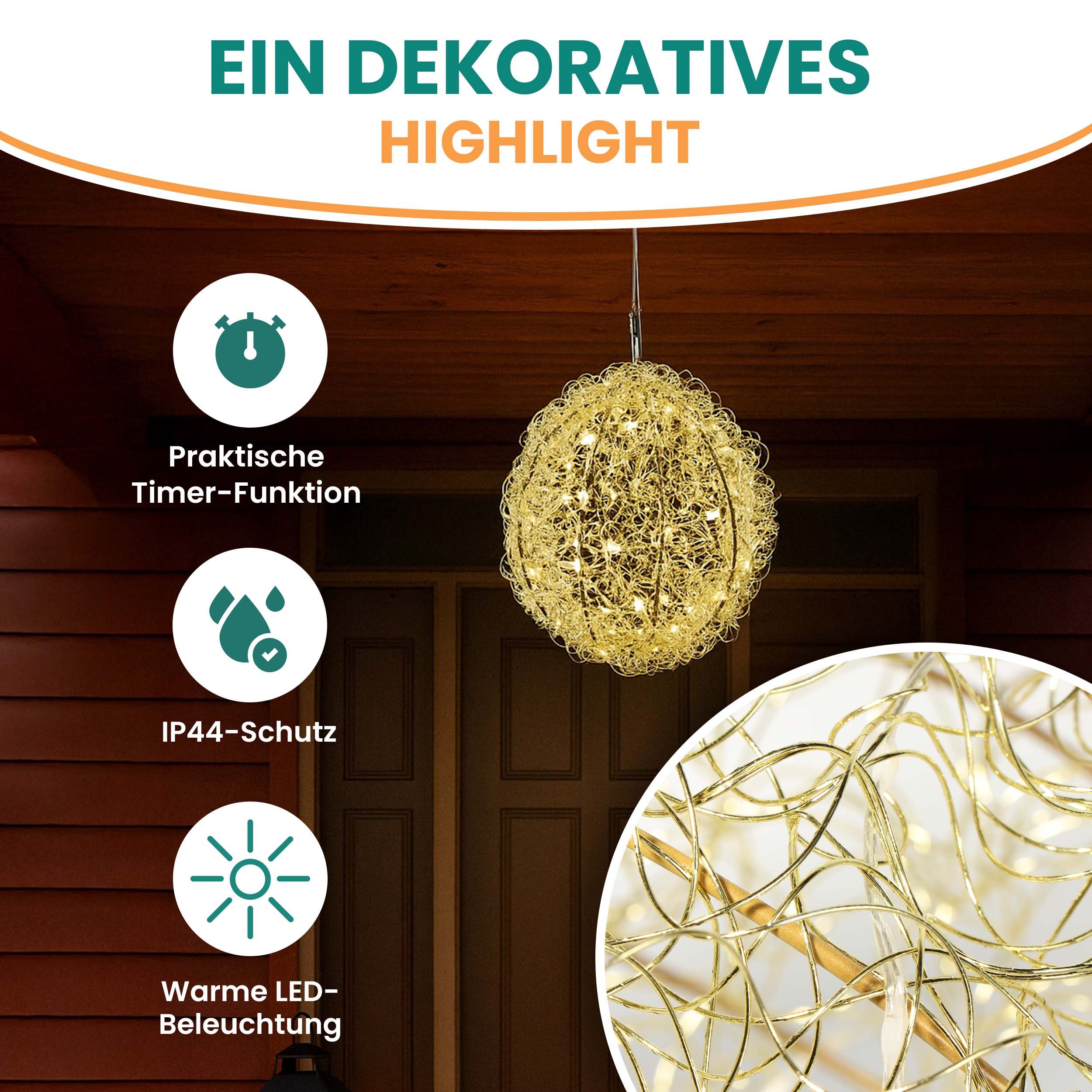 Gartenpirat LED-Lichterkette 3D Drahtkugel Gold Ø 30 cm mit 80 LED warmweiß Timer-Funktion IP44, Perfekt für jeden Anlass - Weihnachten, Gartenbeleuchtung, Deko