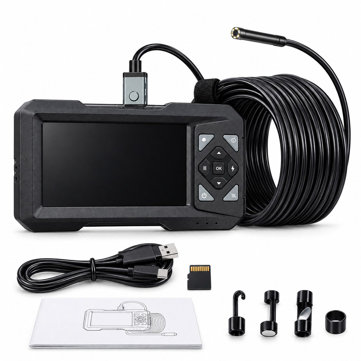 Lisabonde ES01 Inspektionskamera (Inkl. 32-GB-Speicherkarte und 3-teiligem Aufsatz-Set, 4,3" Display, 5,5 mm Sonde, 5 m Kabel, IP67)