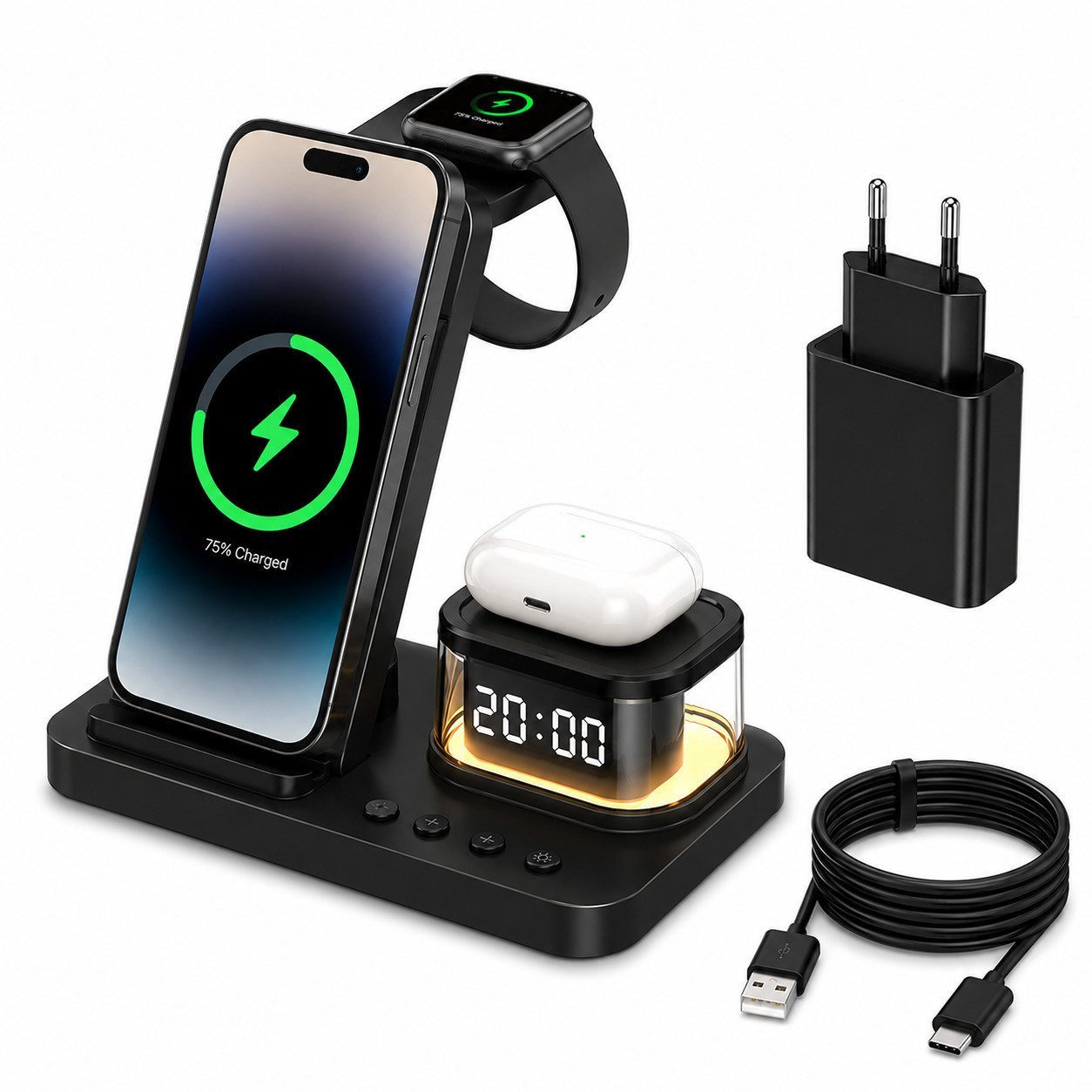 Fyrove Ladegeräte, 5-in-1 Wireless Charger 15W, faltbare induktive Ladestation (für iPhone, Apple Watch & AirPods, LED-Uhr, Nachtlicht, USB-C, inkl. 20W Netzteil)