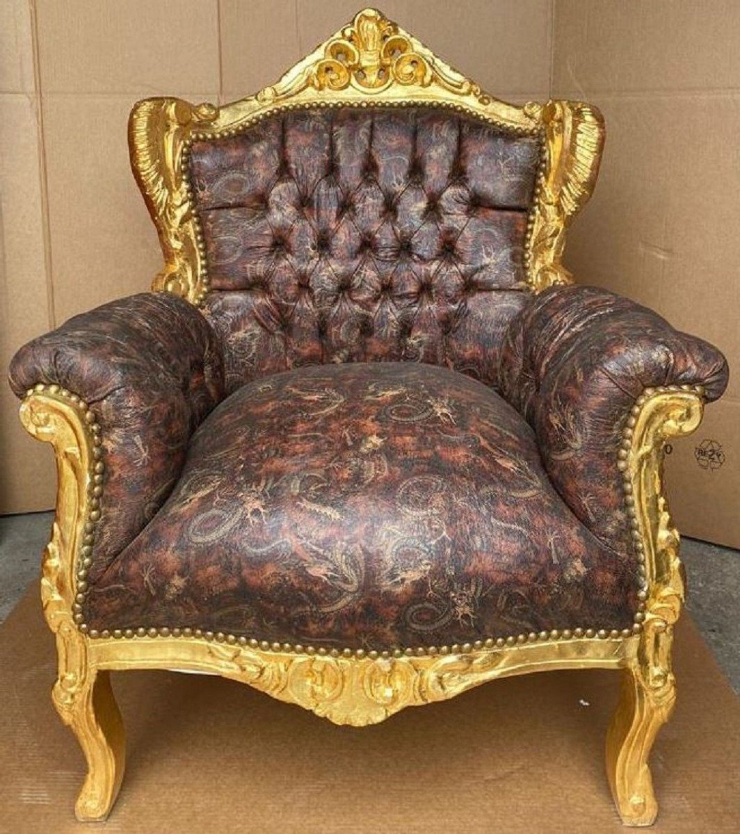 Casa Padrino Sessel Barock Sessel Mehrfarbig / Gold - Handgefertigter Massivholz Wohnzimmer Sessel mit Kunstleder - Antik Stil Wohnzimmer Sessel - Barock Wohnzimmer Möbel