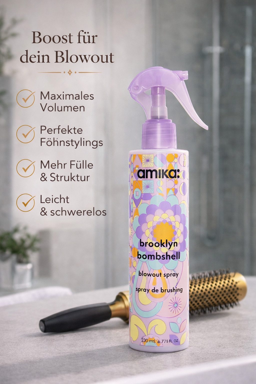 Amika Leave-in Pflege Brooklyn Bombshell Blowout Spray 200 ml, für einen langanhaltenden Blowout-Look