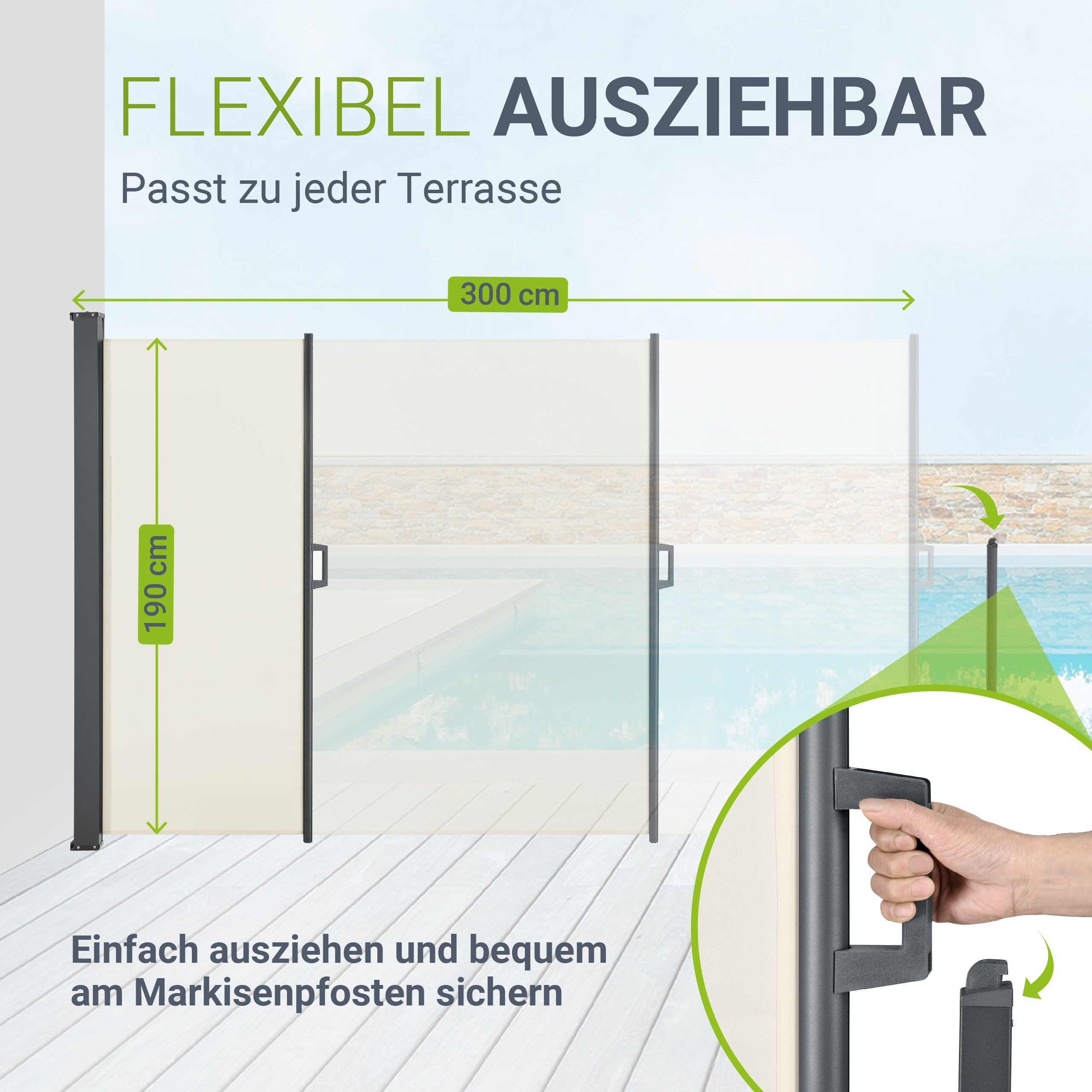 Juskys Seitenmarkise Dubai Sonnen- & Sichtschutz, ausziehbar bis 3 m, wasserabweisend