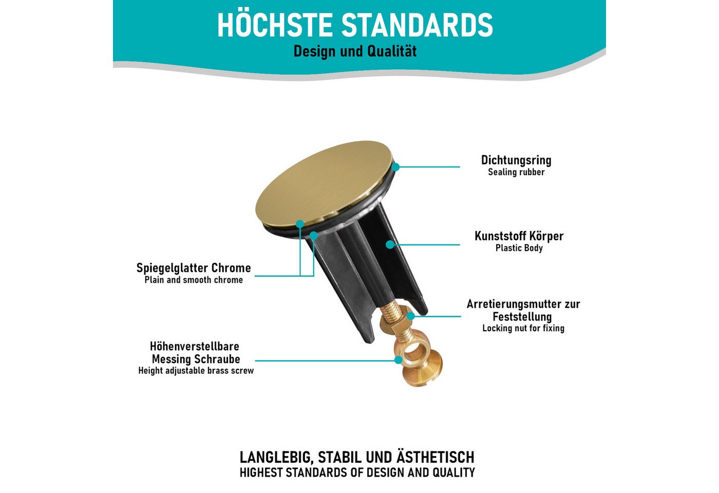 Thumbnail - Arteneur Waschbeckenstöpsel, ⌀ 4 cm, 100% wasserdicht, extra schwerer Messingkern, hochwertig