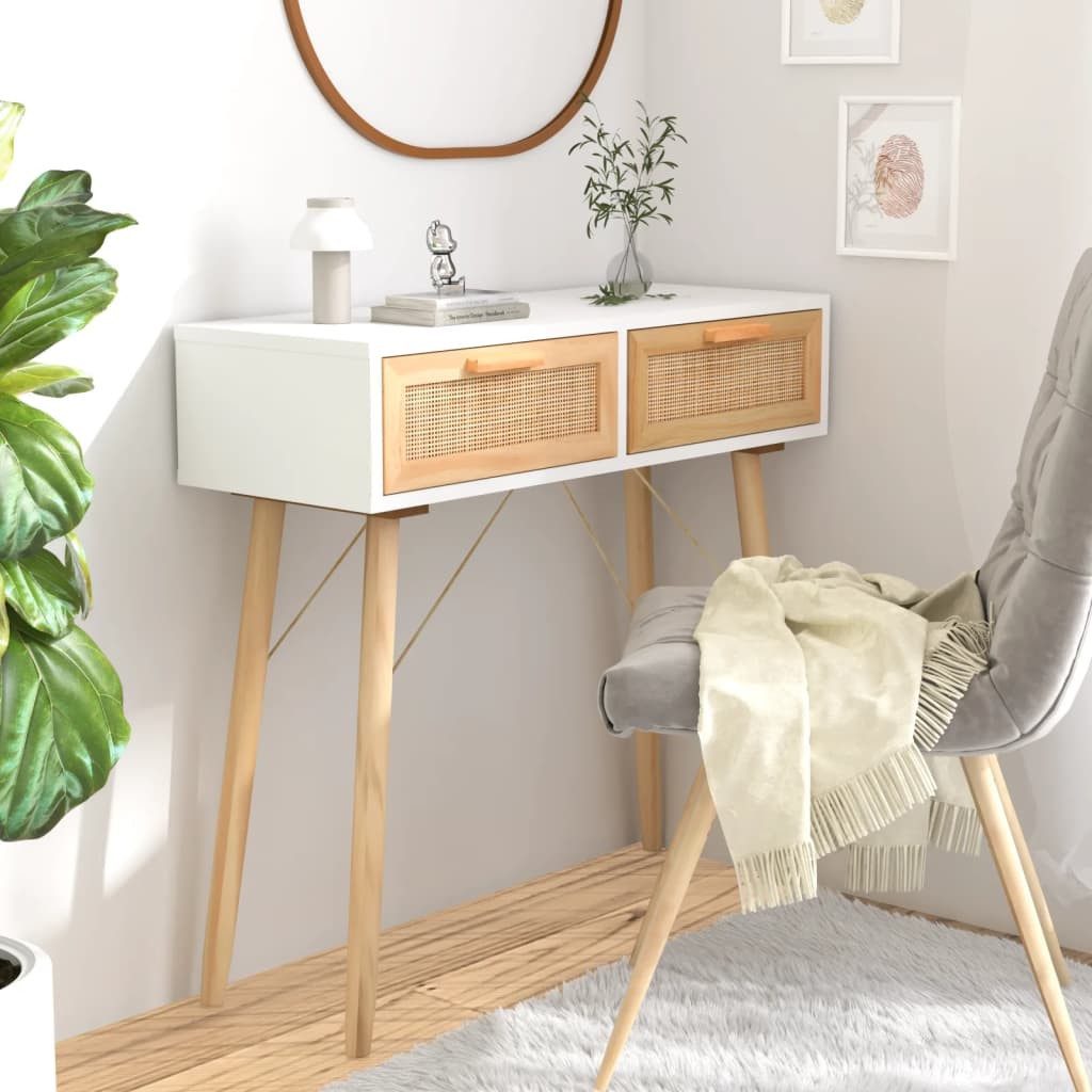 furnicato Konsolentisch Skandinavischer 80 x 30 x 75 cm in Weiß (1-St), Flurtisch mit 2 Rattan-Schubladen und Beinen aus massivem Kiefernholz