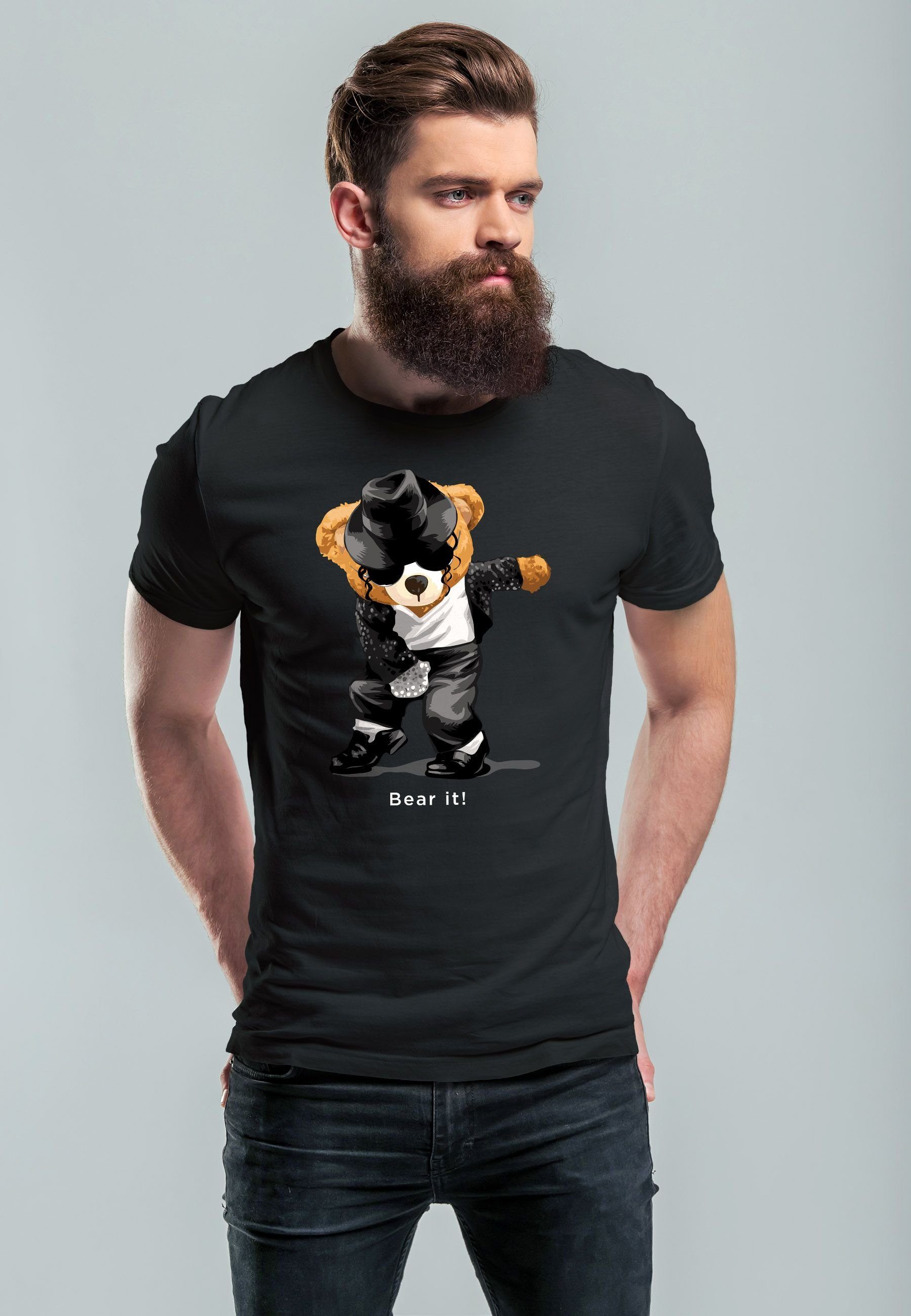 mit Jackson Print Teddy Bear schwarz Auf Musik Print-Shirt Bear Bär it! Print Herren T-Shirt Parodie Neverless