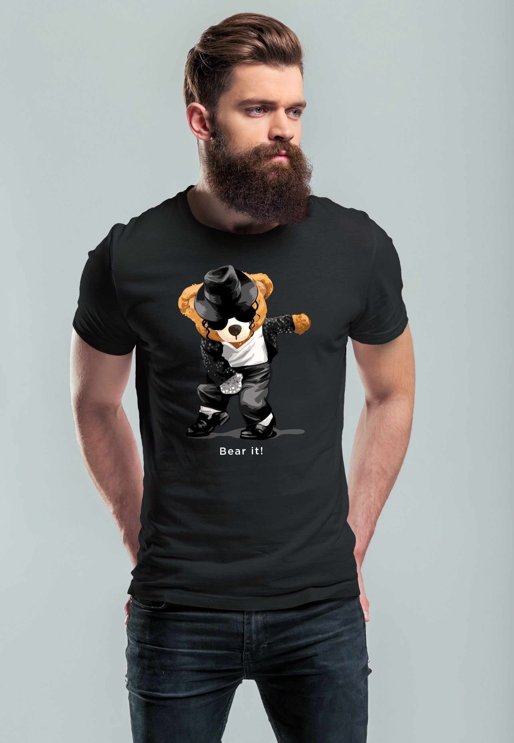 Neverless Print-Shirt Herren it! Bär Parodie T-Shirt Bear Print Bear Print Musik Auf mit Teddy schwarz Jackson