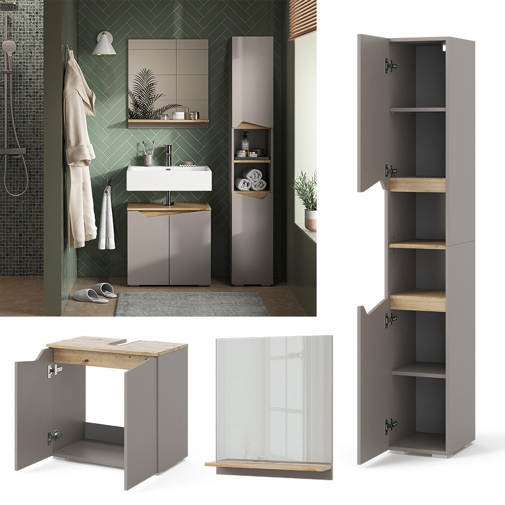 Vicco Badmöbel-Set Marelle, Greige/Artisan-Eiche, 3 Teile, mit Hochschrank, günstig online kaufen