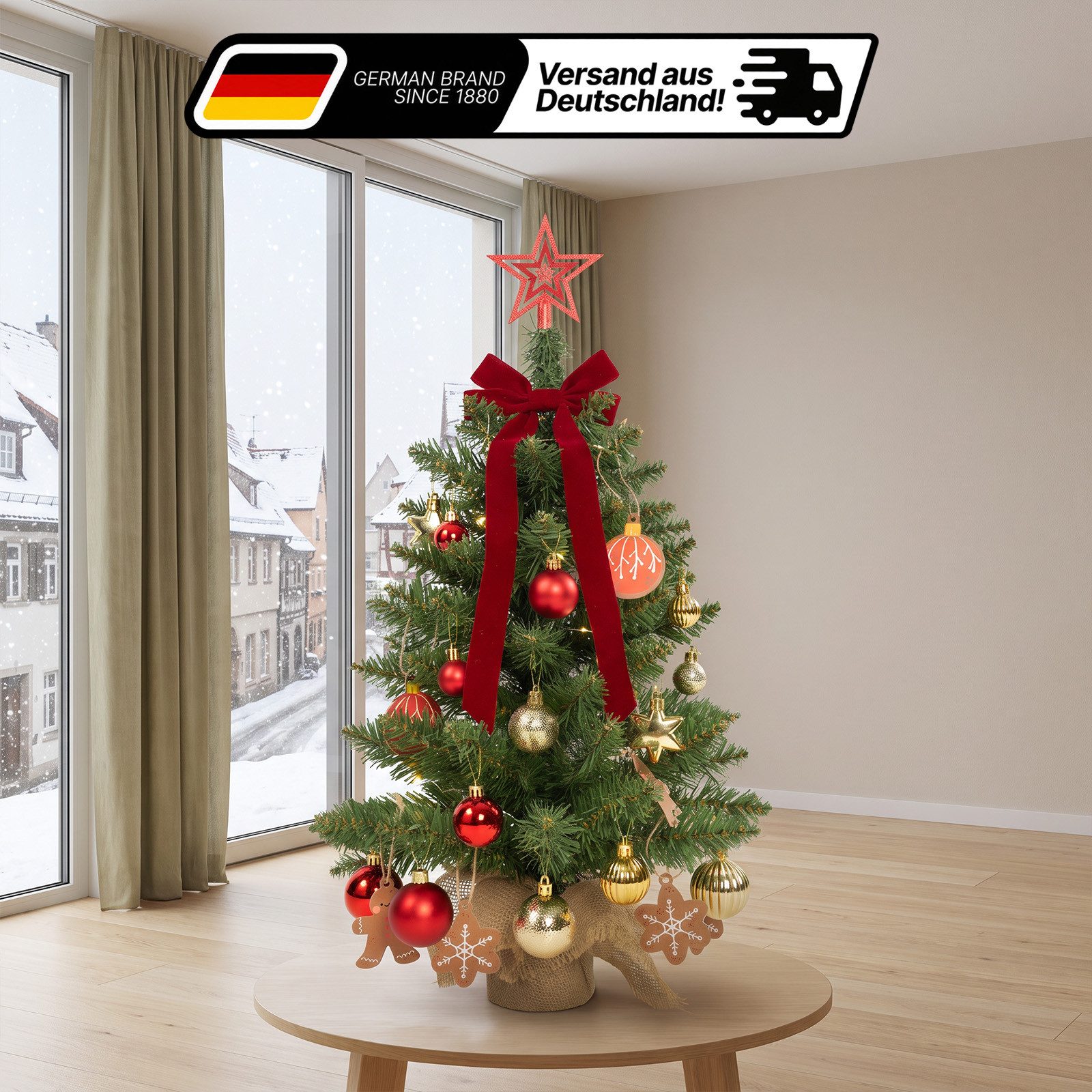 Lindenstein Echter Weihnachtsbaum Künstlicher Mini-Weihnachtsbaum mit LED-Beleuchtung und Deko, 60 cm, Nordmanntanne, Wiederverwendbar, vielseitig, pflegeleicht, umweltfreundlich