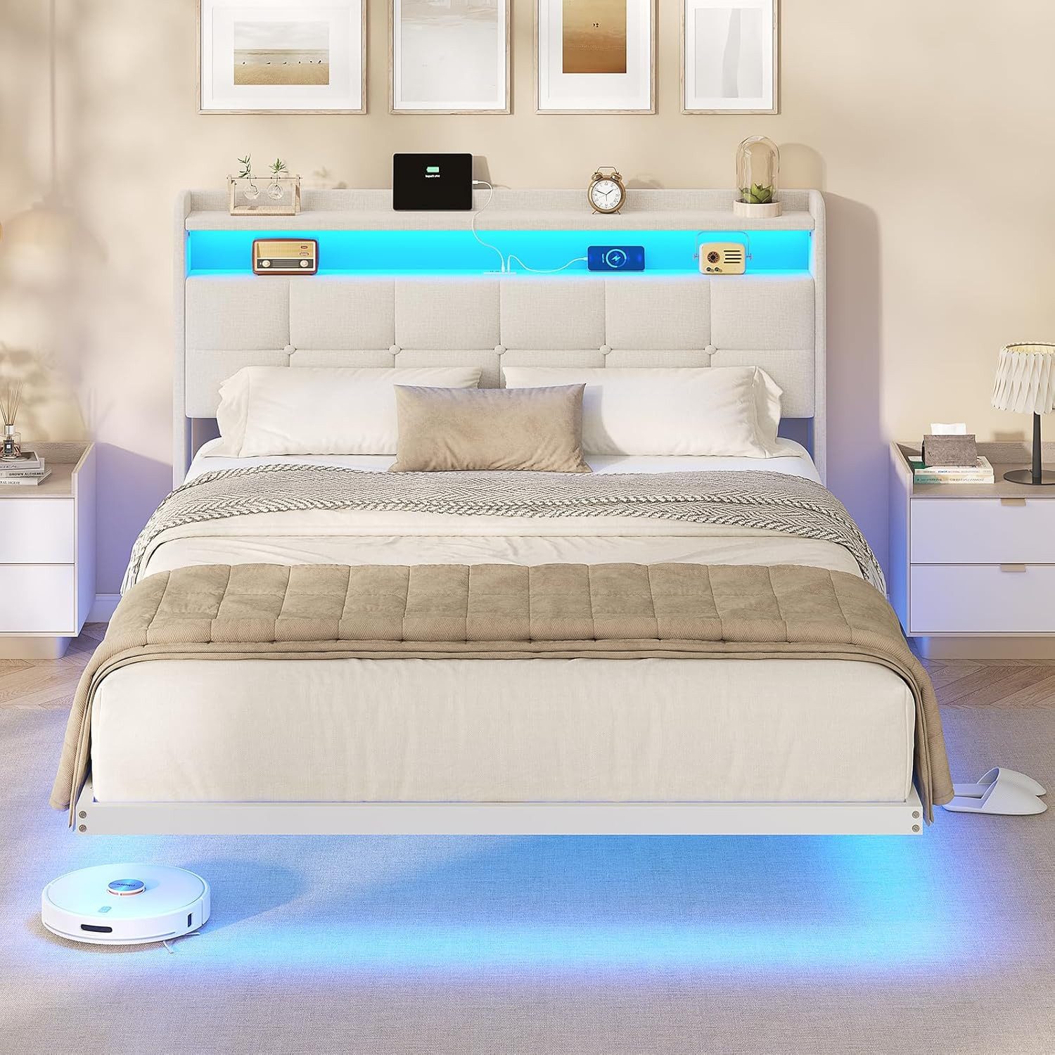 MSMASK Polsterbett Bettrahmen mit LED-Beleuchtung und Ladestation (1-tlg., Ohne Matratze), Jugendbett Bettgestll 140x200cm