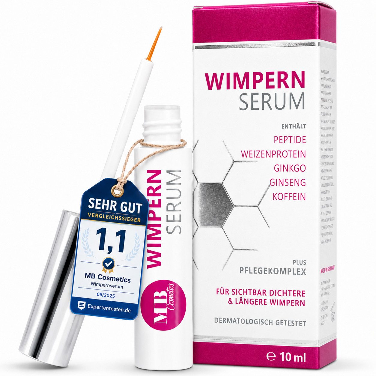 Medical Beauty Cosmetics Wimpernserum 10 ml Hormonfrei mit Hyaluron, Kollagen, Peptiden, Panthenol, Gingko, Dermatologisch getestet, schützt & kräftigt die Wimpern