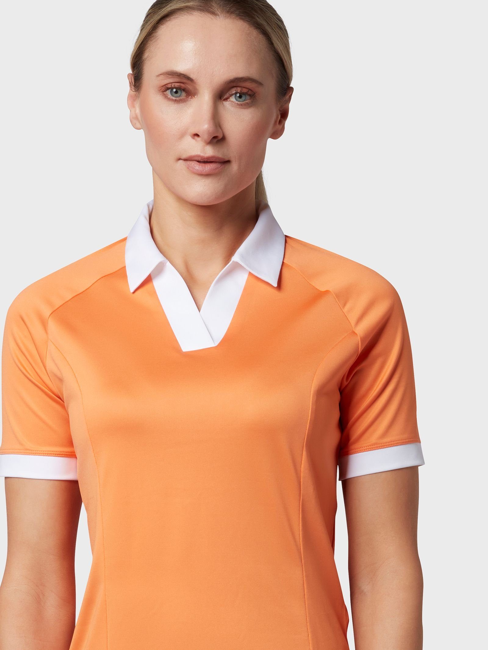 Callaway Poloshirt Callaway V-Placket Colourblock Women's Polo In Nectarine Damen (1-tlg) Opti-Dri™ I Swing Tech™