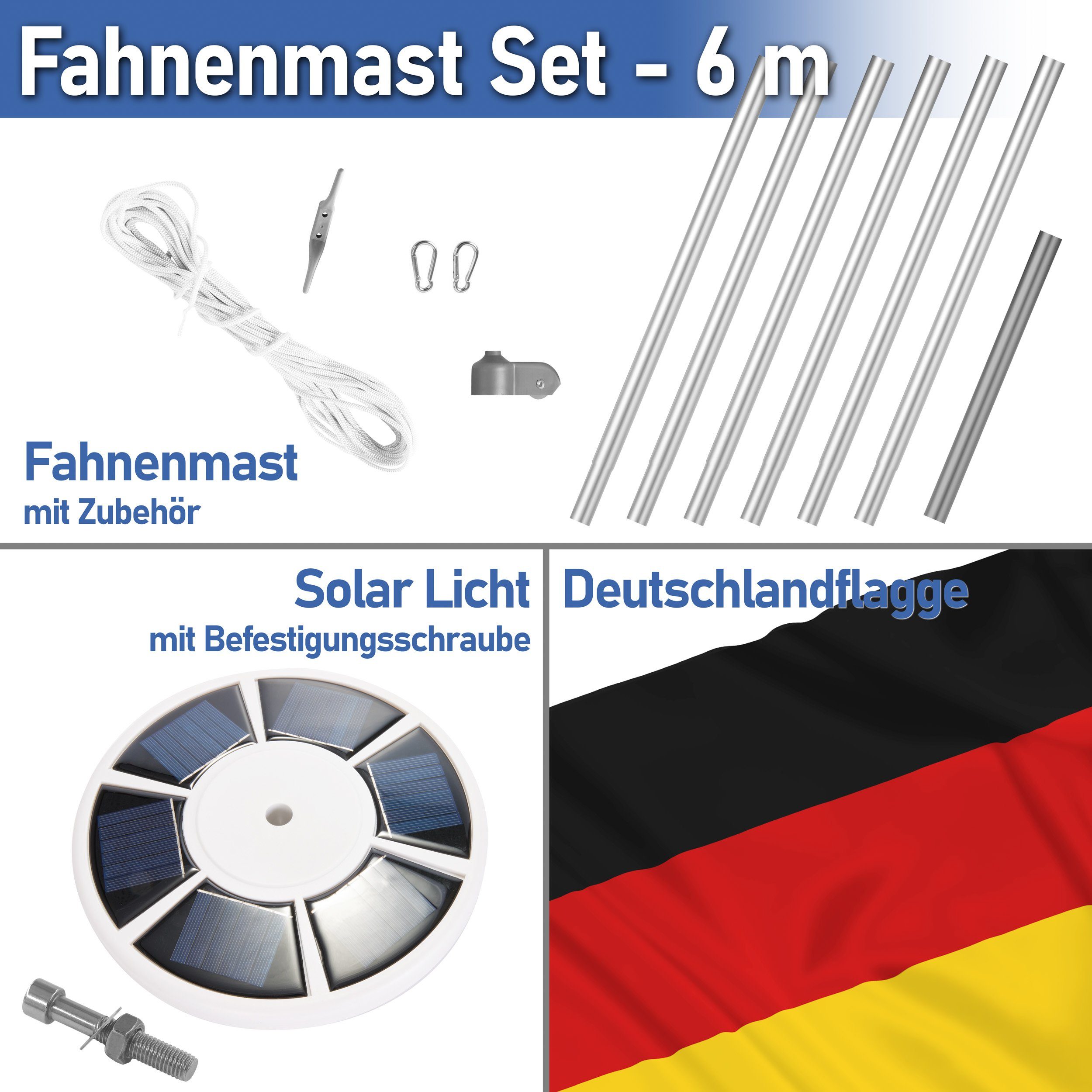 BRUBAKER Fahnenmast All-in-One Flaggenmast Set + Solar Fahnenmastlicht, (1-St., mit Bodenhülse + Deutschlandfahne + Solarlampe mit 26 LEDs), Aluminium Fahnenmast inkl. Deutschland Flagge und Solar-Energie Licht