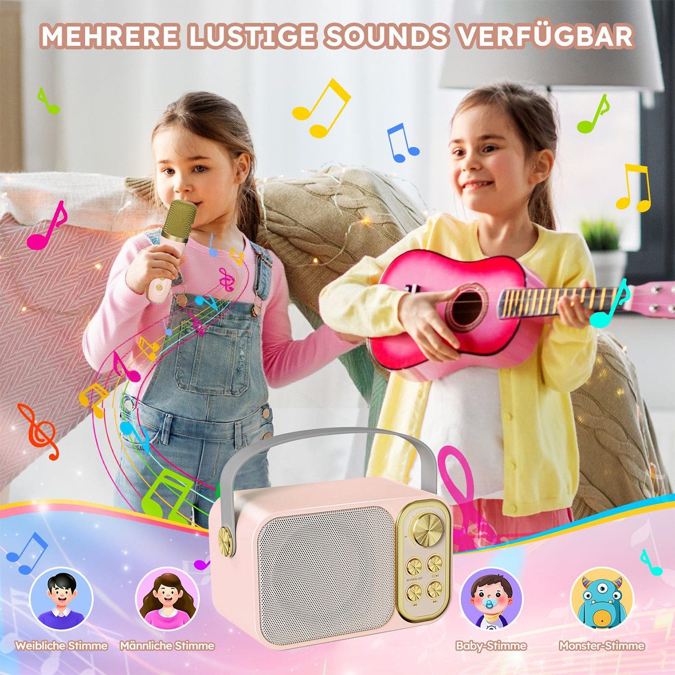 MOPUEA Mikrofon Karaoke Maschine mit 2 Mikrofonen Bluetooth-Lautsprecher (Mini Karaoke Anlage mit 7 Stimmeffekten), Perfekt für Partys und Geburtstage