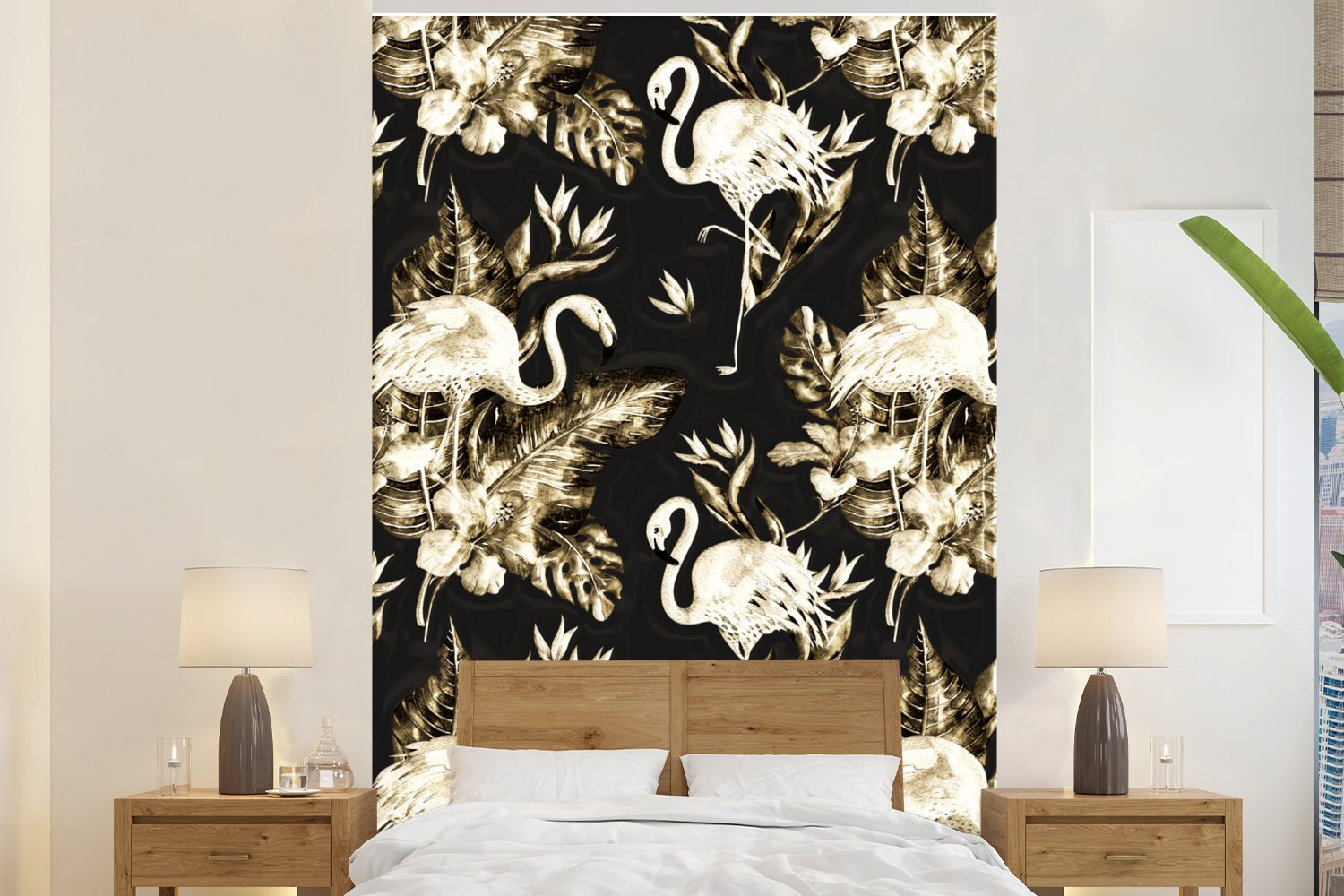 MuchoWow Fototapete Blumen - Gold - Flamingo, Matt, bedruckt, (3 St), Montagefertig Vinyl Tapete für Wohnzimmer, Wandtapete