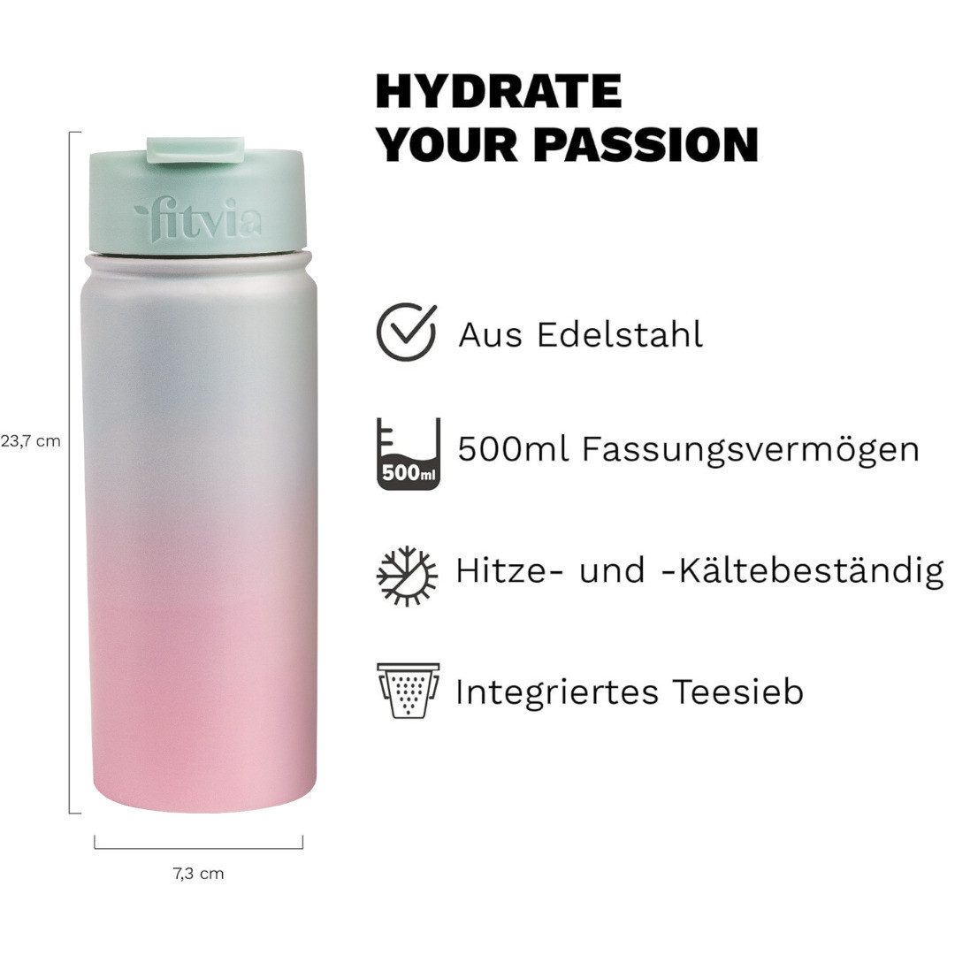 fitvia Thermoflasche Thermoflasche "Candy" Pastell rosa, blau, Edelstahl, integriertes Teesieb, Wärme- und Kältefunktion