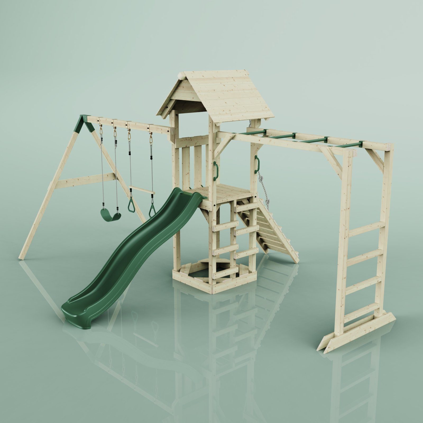 OutdoorToys Spielturm Örebro, aus Holz in Dunkelgrün mit Trapezstange & Rutsche