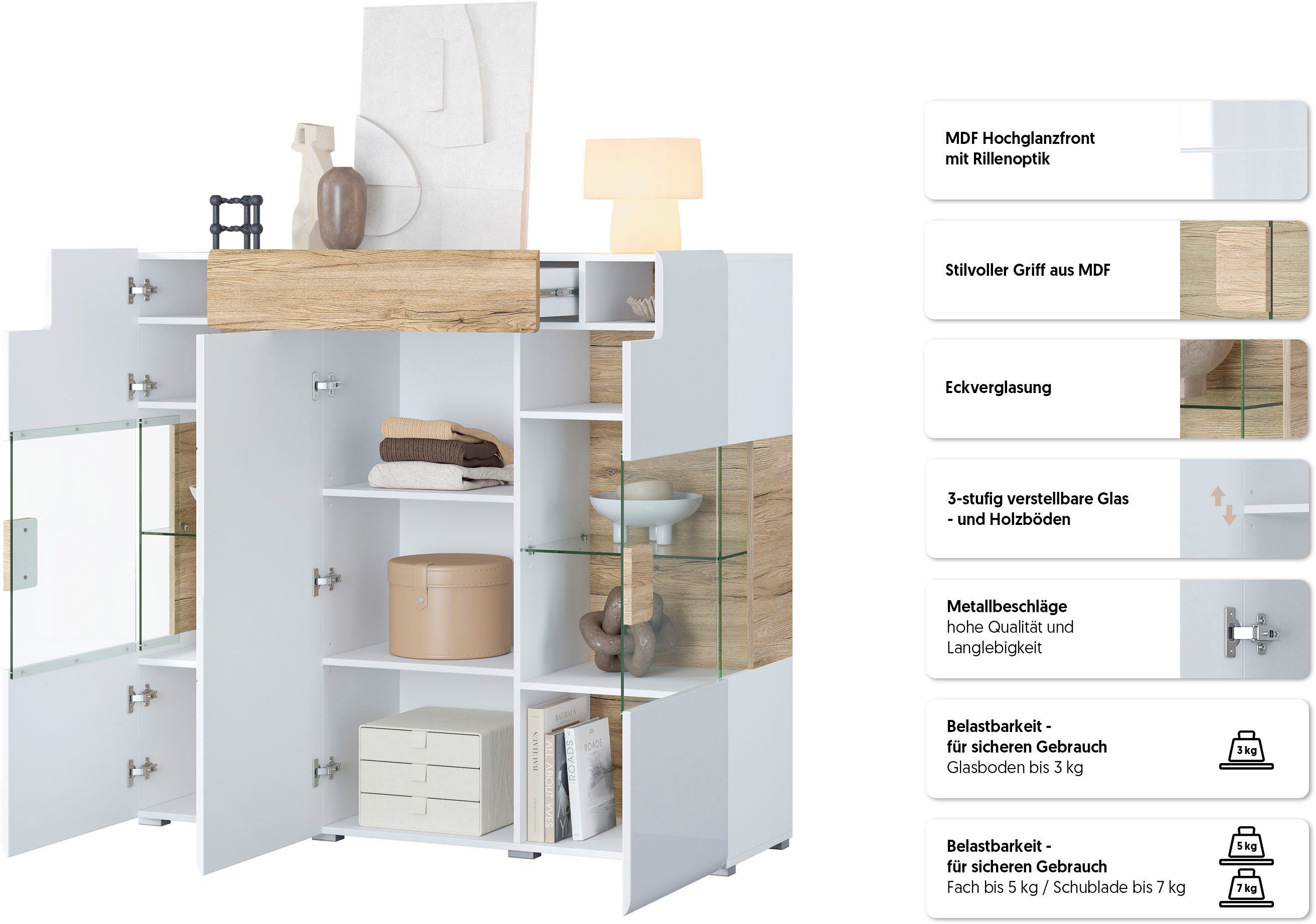 OTTO home Highboard Toledo,Breite 147,5cm,trendige Hochkommode mit 3Türen und Schublade, Hochschrank mit Glas-Partien,stylische Hochglanzfronten