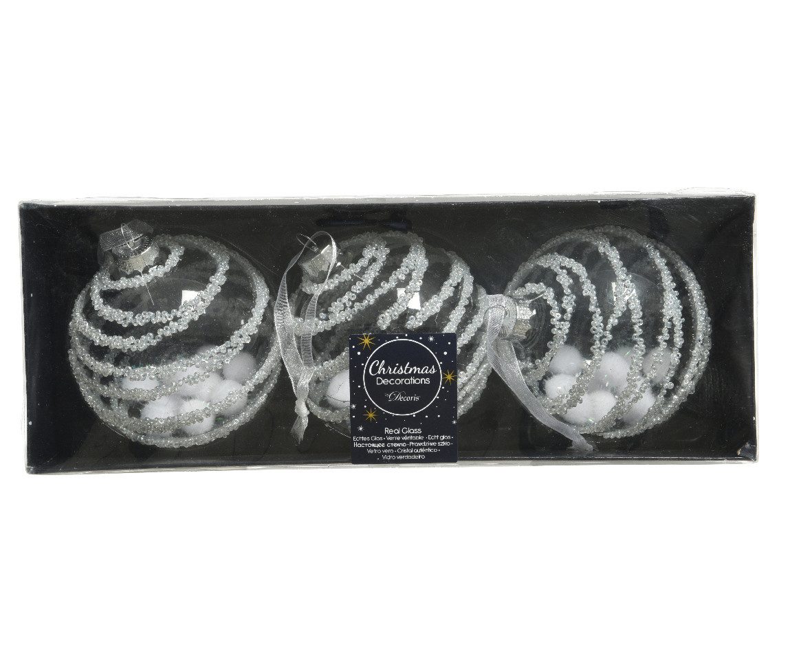 Kaemingk Weihnachtsbaumkugel, Weihnachtskugeln Glas 8cm mit Pompons gefüllt 3er Set klar transparent