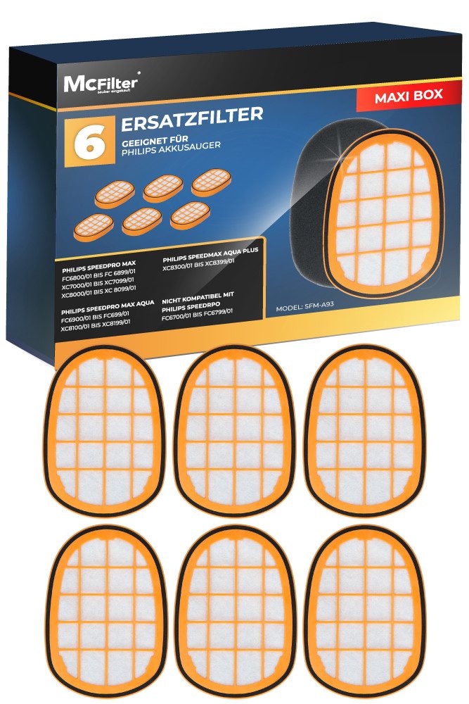 McFilter Ersatzfilter 6 Фильтр пылесоса, Zubehör für Philips SpeedPro Max Aqua, Plus FC6826, XC7042, XC8045, XC8147, XC8347, Фильтры gegen Feinstaub, Alternative für FC5005/01