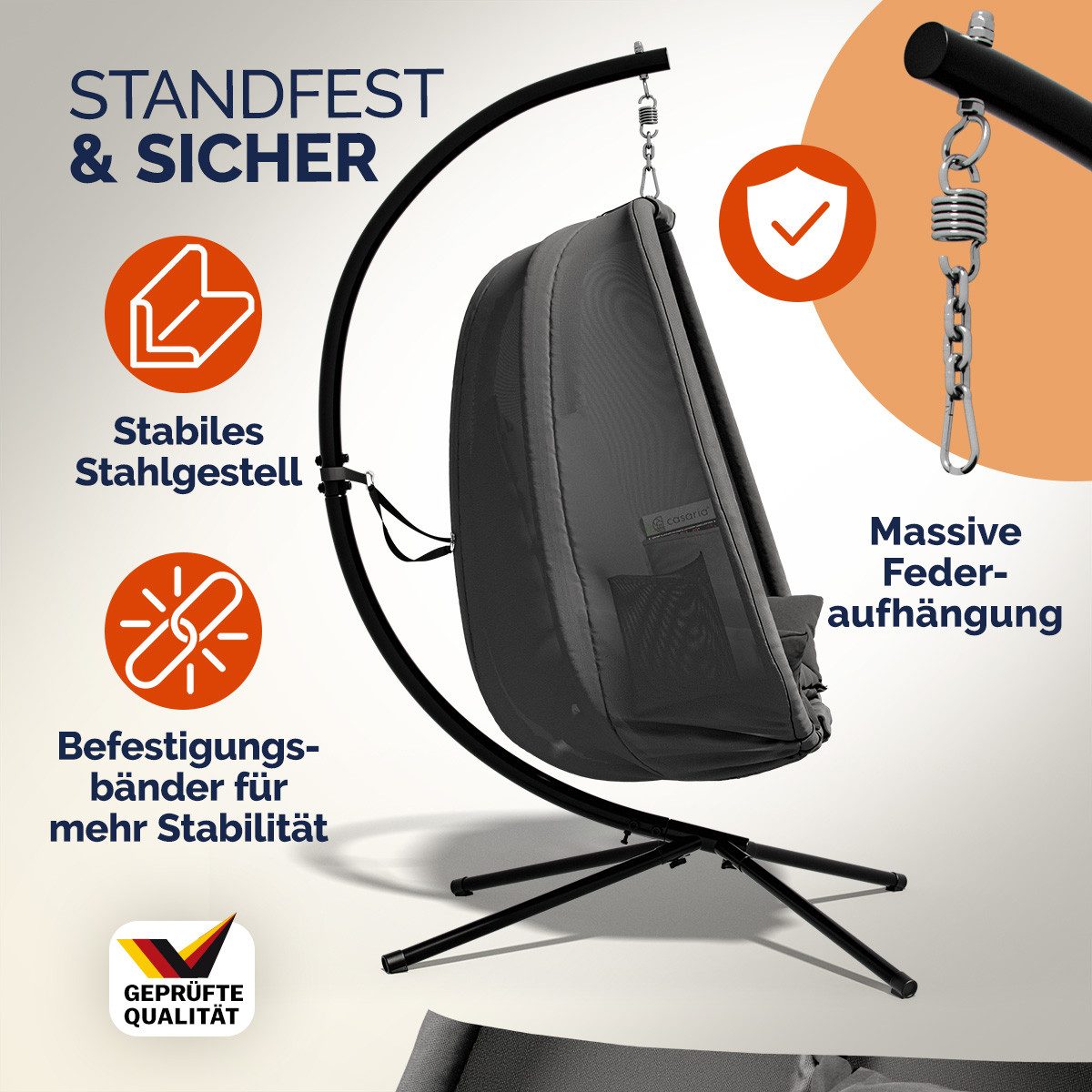 Casaria Hängesessel, mit Gestell XXL Kissen & Seitentaschen Outdoor Wetterfest 150kg
