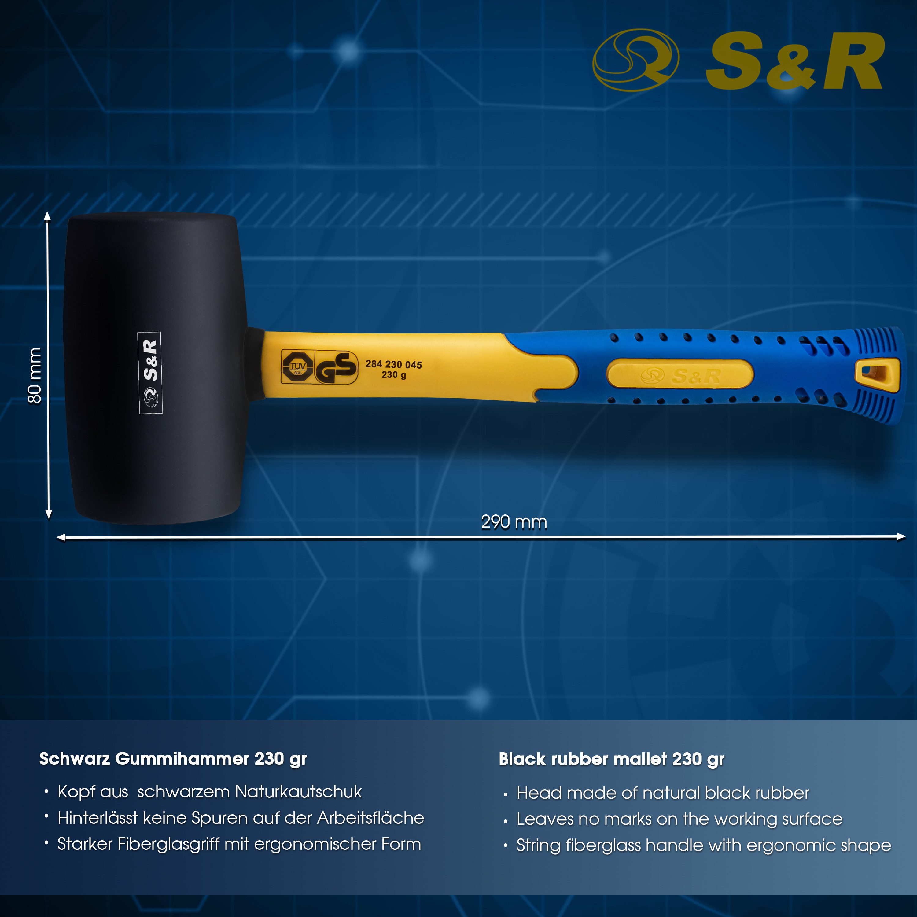 S&R Gummihammer Schwarz 230g aus Naturkautschuk mit stoßdämpfendem Fiberglasstiel (1-St), für Außenarbeiten zB. Pflastersteine, Fliesen, Camping - GS geprüft