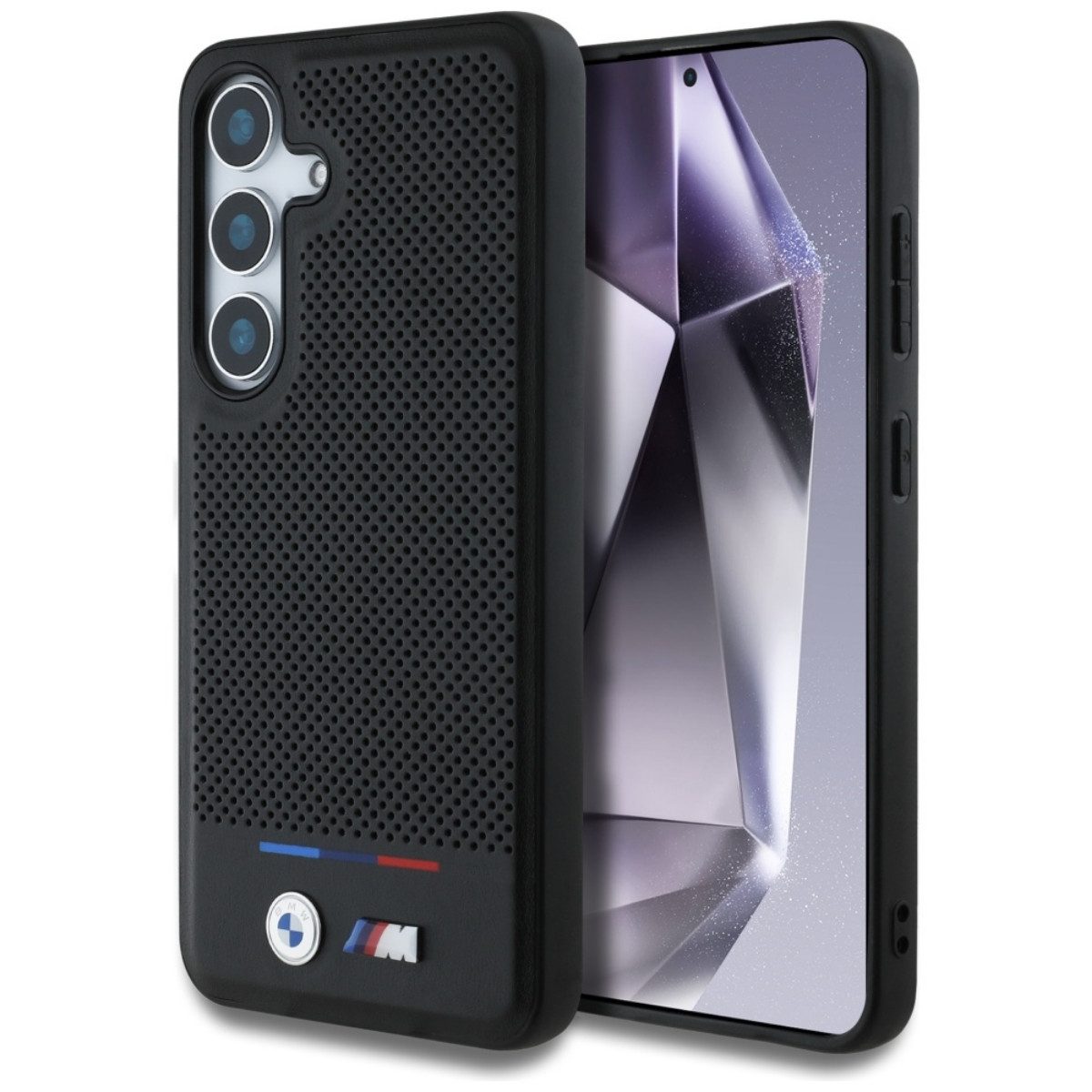 BMW Handyhülle Leder Tricolor Stripe Case kompatibel mit Samsung Galaxy S25 Schwarz 6,2, Echte BMW-Lederhülle mit integriertem Magnetring