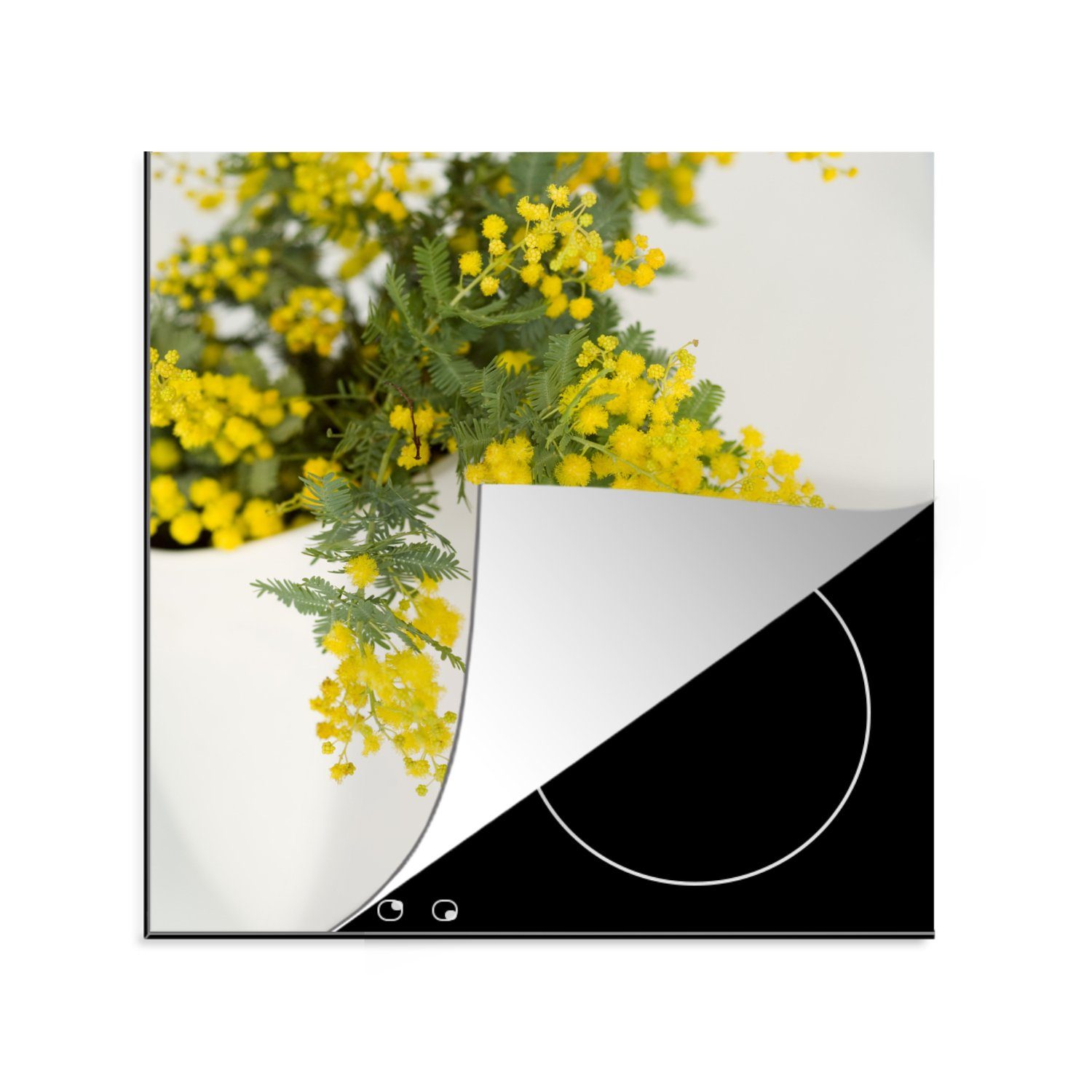 MuchoWow Herdblende-/Abdeckplatte Gelbe Mimosenpflanzen mit grünen Blättern in einem großen Topf, Vinyl, (1 tlg), 78x78 cm, Ceranfeldabdeckung, Arbeitsplatte für küche