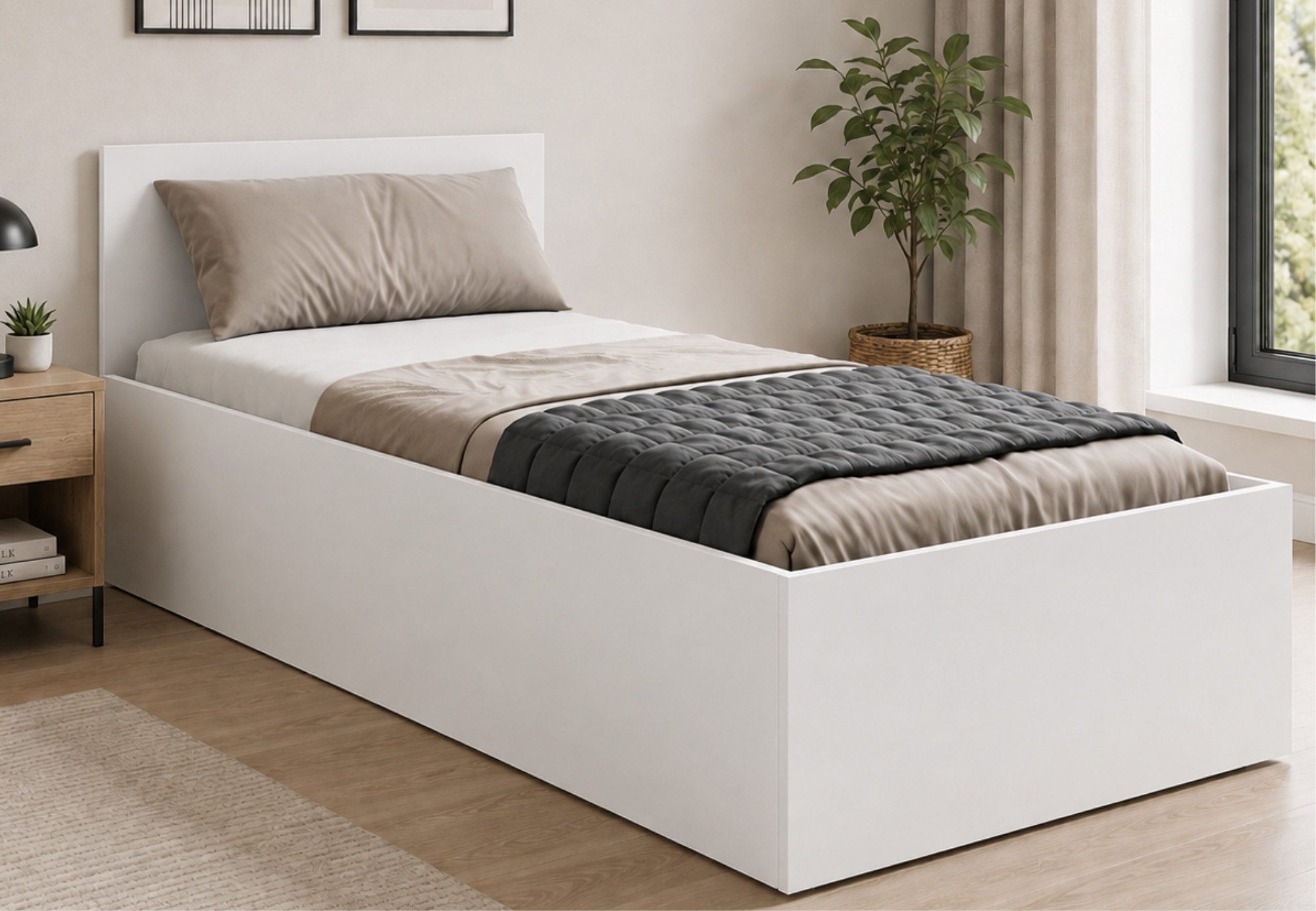 Home Collective Bett Doppelbett Bettgestell mit Lattenrost und Stauraum Stauraumbett (Größen: 90x200, 120x200, 140x200, 160x200, 180x200 cm), inkl. flexiblem Lattenrost und Bettkasten 90x200 cm Weiß