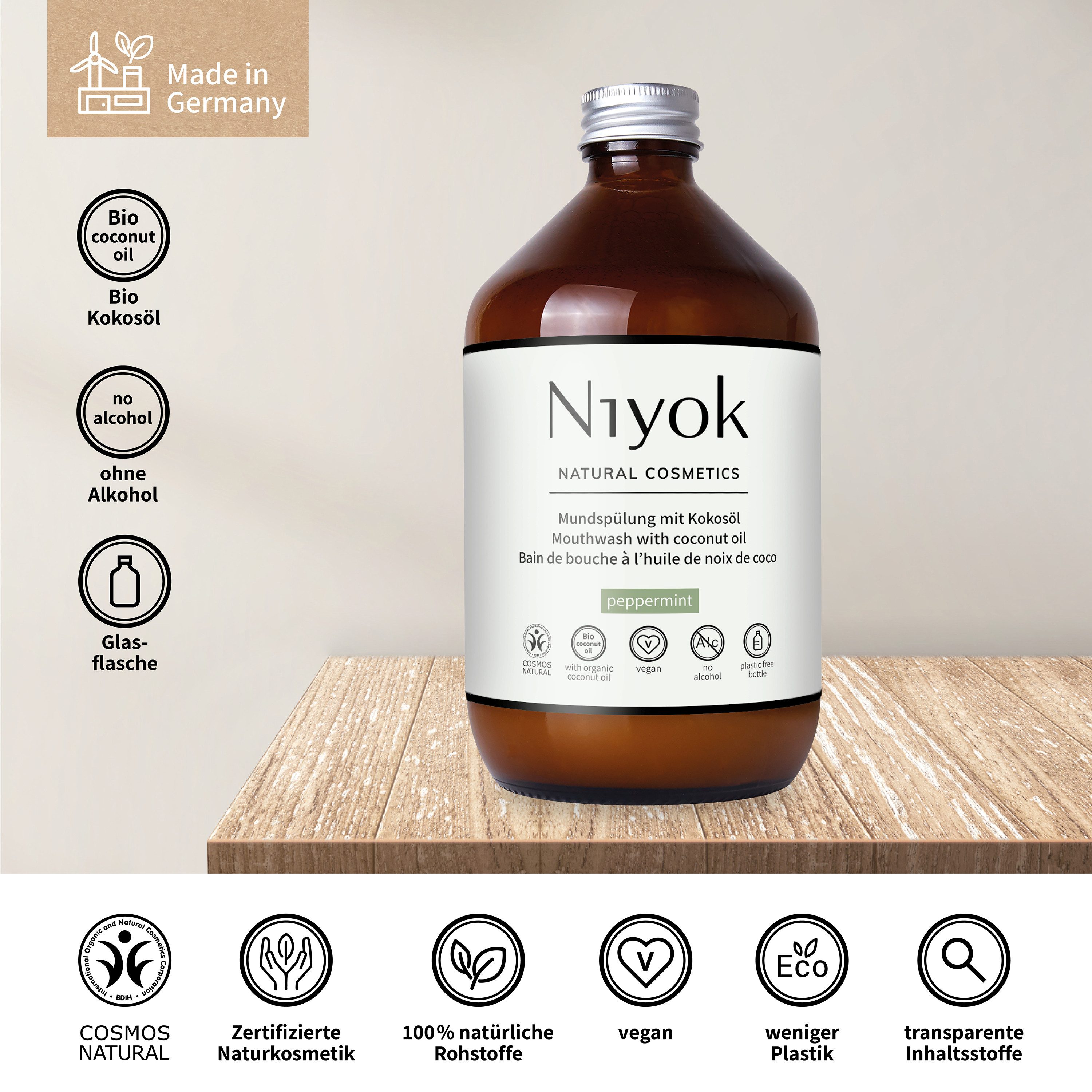 Niyok Mundspülung Pfefferminze Mundspülung – Antibakteriell ohne Alkohol & Fluorid, (1-tlg) Mundwasser gegen Mundgeruch, Bio-Kokosöl, Antibakterielle Mundspülung