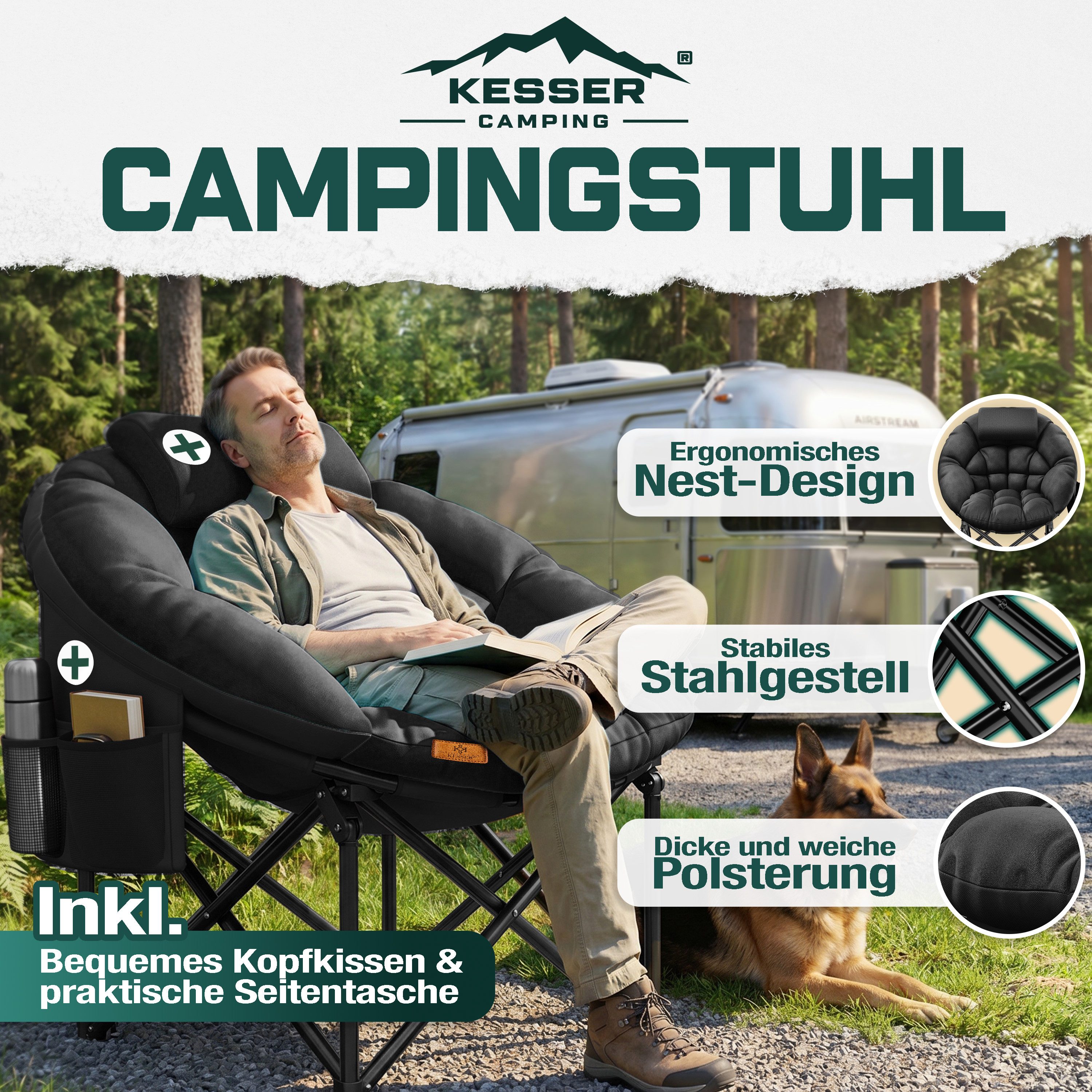 KESSER Campingstuhl Chillexer faltbar 150 kg Klappstuhl mit Kissen, Seitentasche & Cover, Relaxstuhl Outdoor + Indoor für Camping, Angeln, Festival, Strand