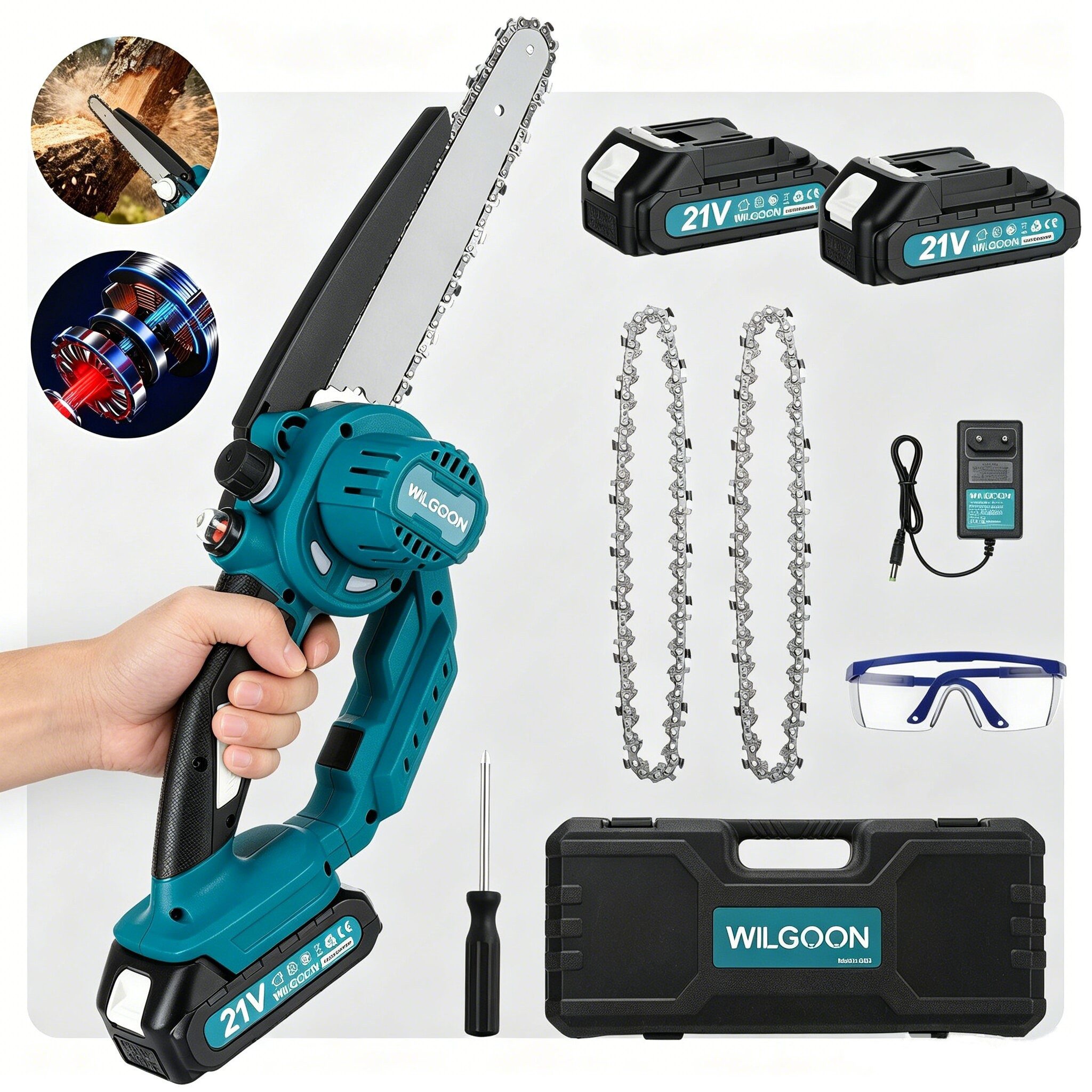 WILGOON Akku-Kettensäge 8 Zoll + 6 Zoll 2-in-1 Sägeblätter mini Bürstenlose Elektro-Kettensäge, 20 cm Schwertlänge, Set, mit 2×21V/2,0Ah Akku, 2 Ketten, Mehrfacher Sicherheitsschutz, für Garten Holz und Astscheren