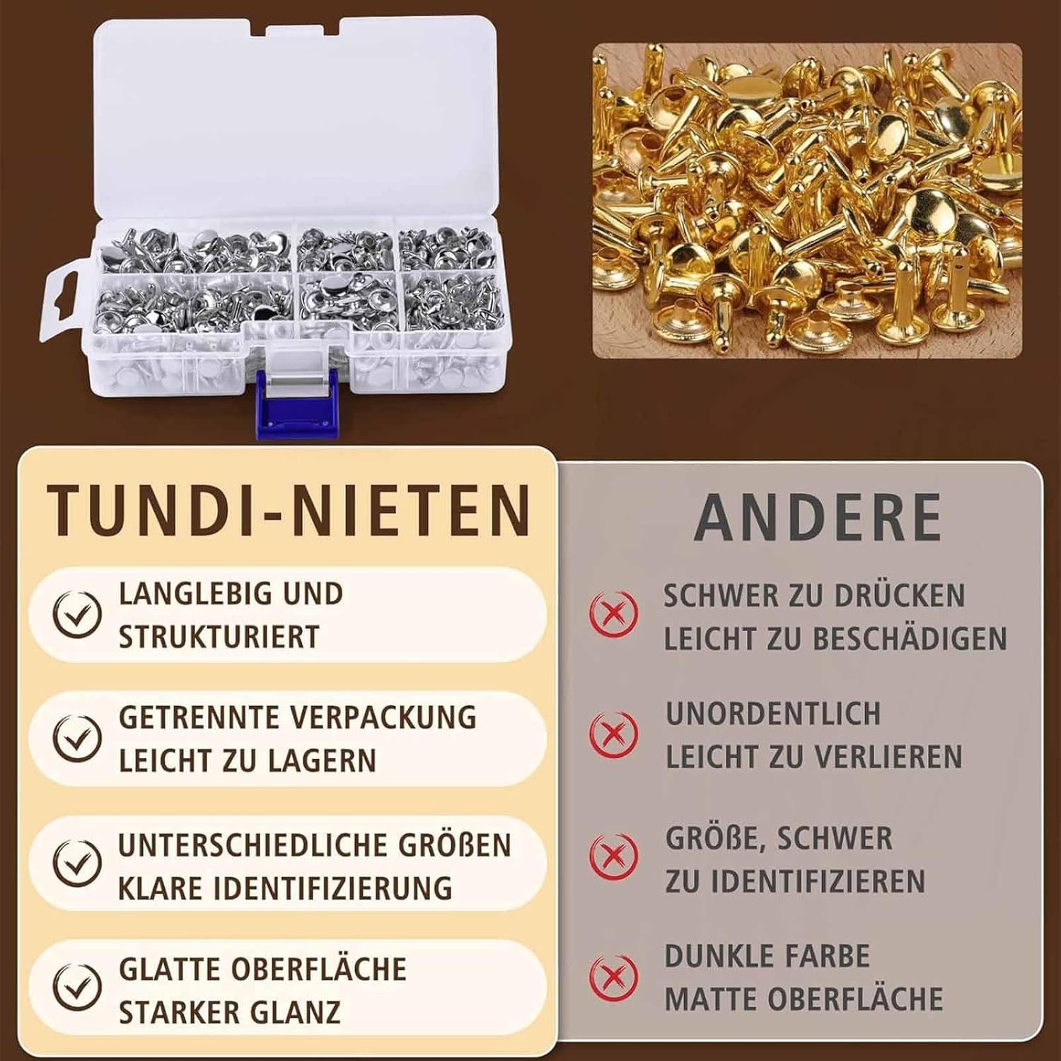 FELIXLEO Niete Ledernieten Silber 3 Größen Doppelkappe Hohlnieten Basteln, (1 St) – Bild 5 von 5