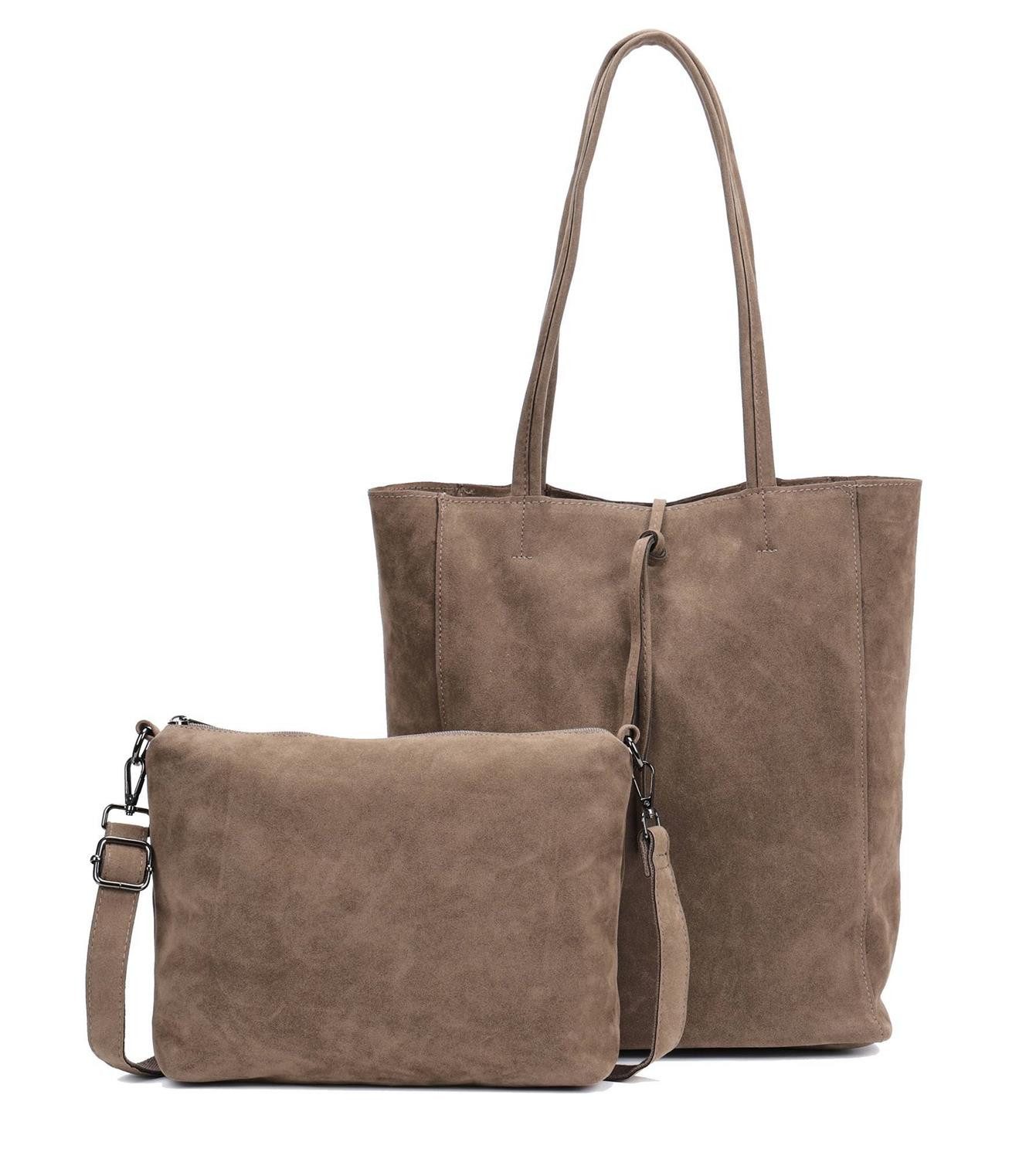ITALYSHOP24 Schultertasche SET 2in1 Damen Tasche Umhängetasche XXL Hand-Tasche Shopper Tote Bag, Crossbody Reisetasche Henkeltasche Workbag Veganes Wildleder CrossOver