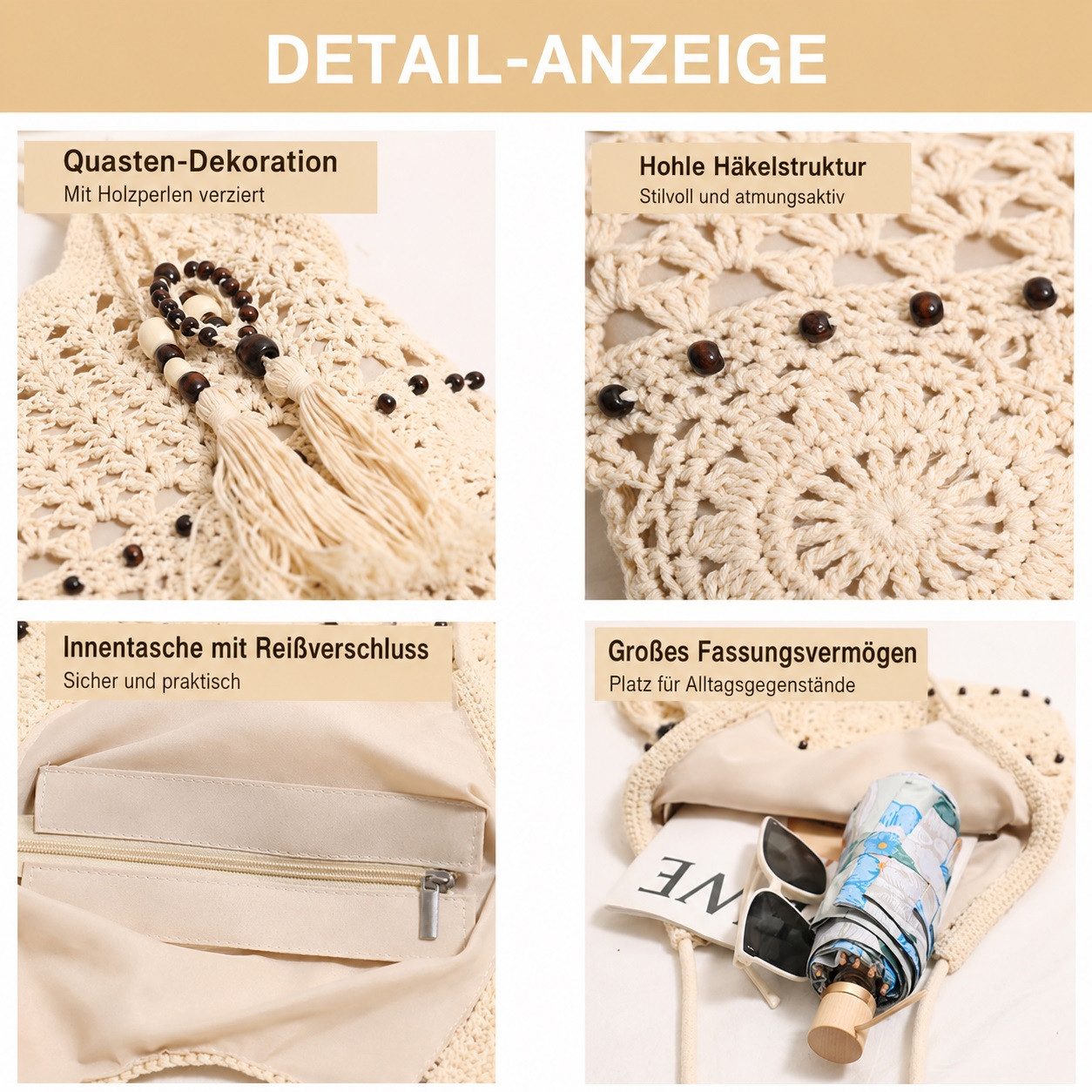 MOPUEA Strandtasche Women's Straw Bag Strandtasche, Bohemian Straw Umhängetasche (1-tlg., Umhängetasche, Strandhandtaschen), Strandtasche, handgefertigt, gewebt, modisch, geflochten