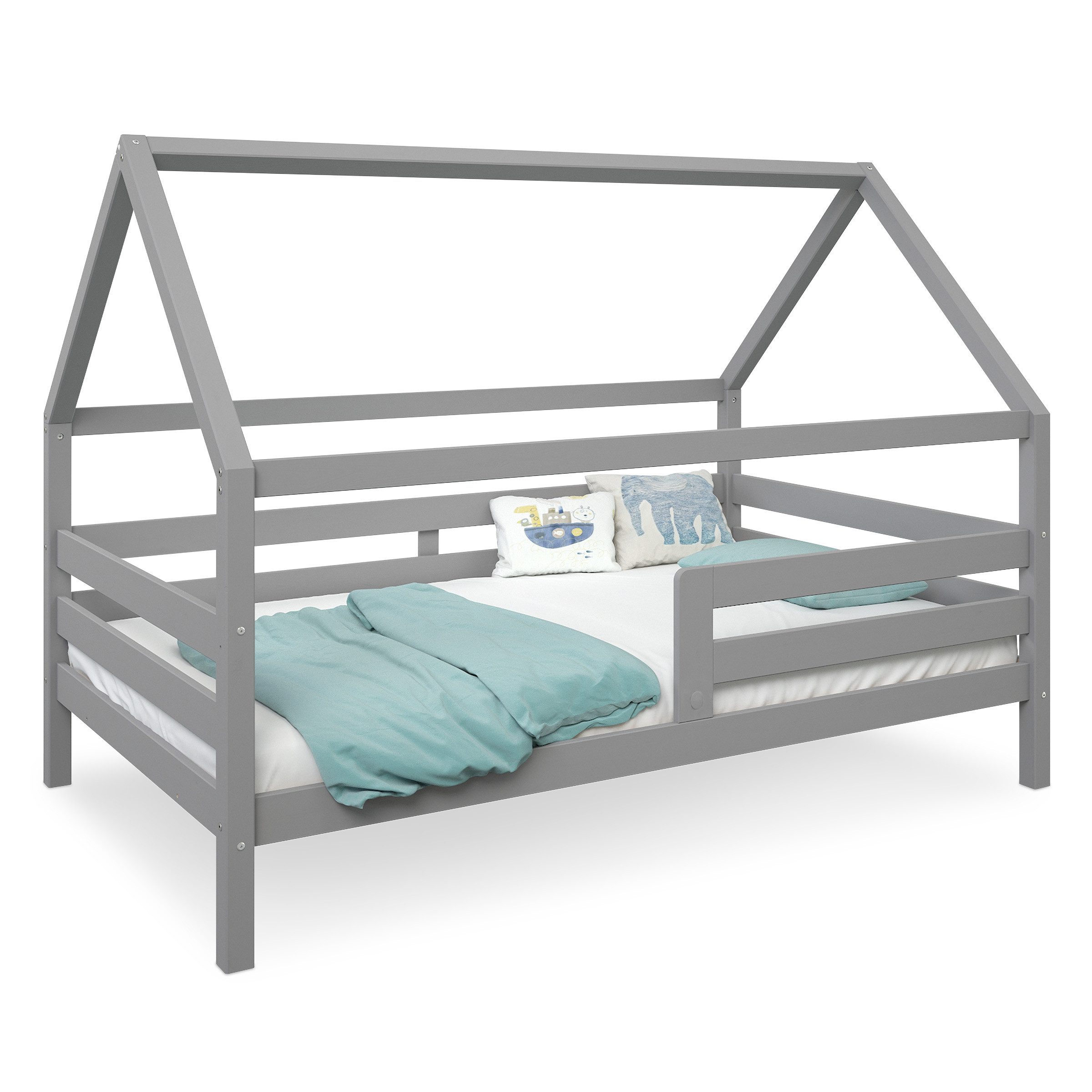Ehrenkind Hausbett Sona aus massivem Kiefernholz, FSC® zertifiziert (mit Rausfallschutz in grau), Hausbett 120x200 cm