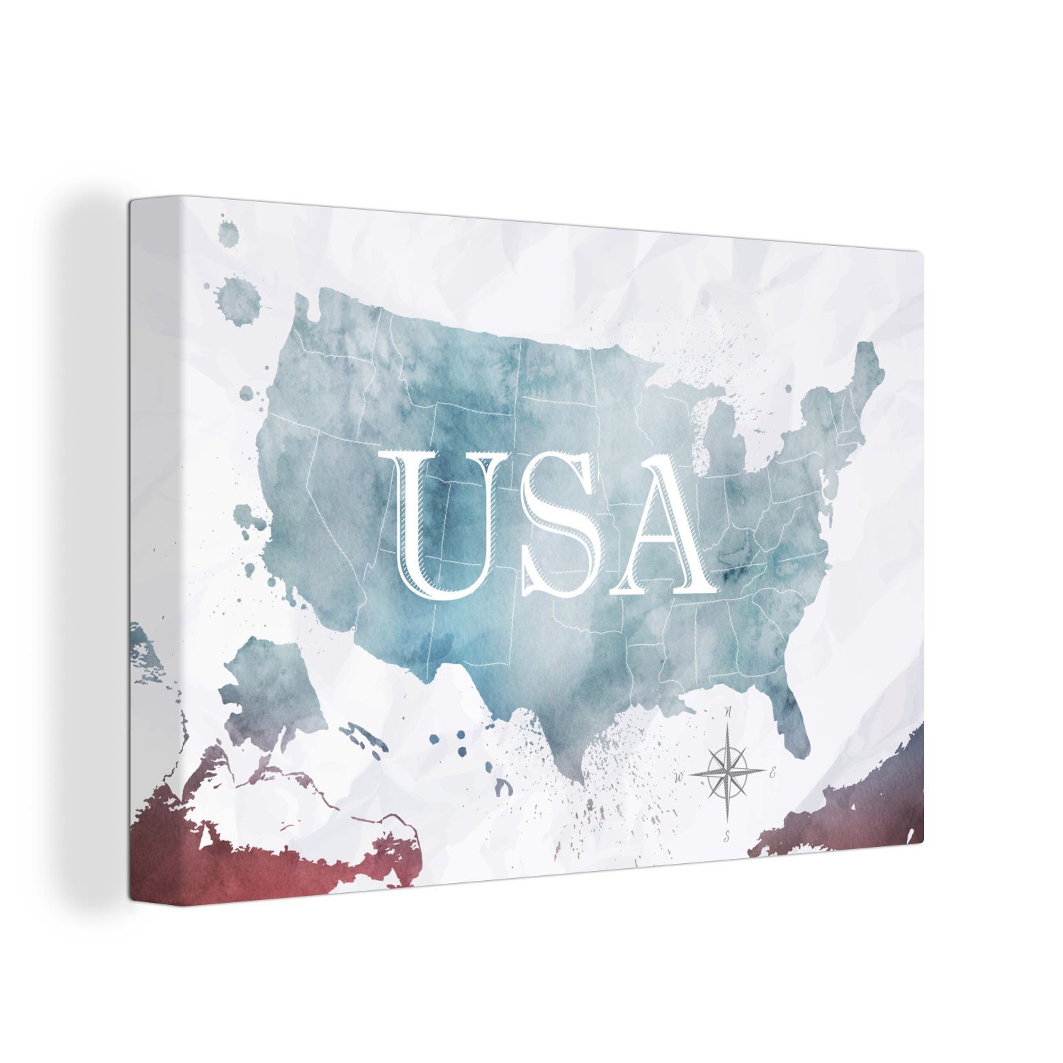 Leinwandbild Weltkarte 30x20 St), - Leinwandbilder, Ölfarbe, Vereinigte OneMillionCanvasses® Wandbild (1 Staaten Wanddeko, cm - Aufhängefertig,