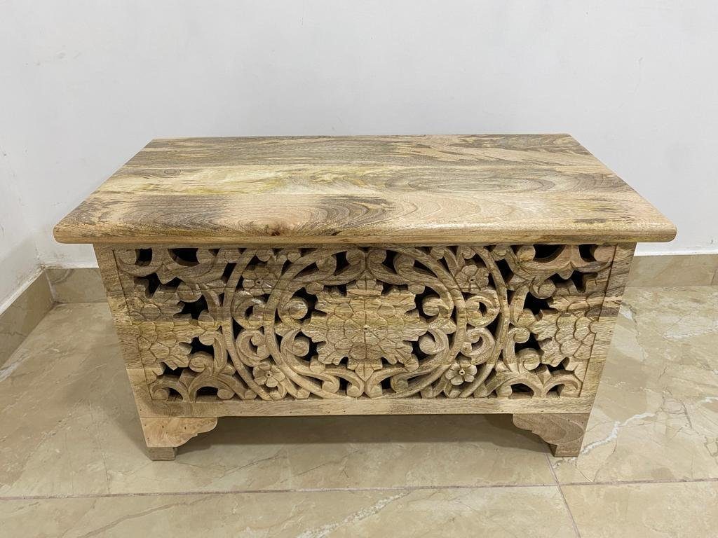 Oriental Galerie Truhe Indische Truhe Schnitzerei natur 80 cm, Holztruhe, Truhentisch Wohnzimmer, Hellbraun