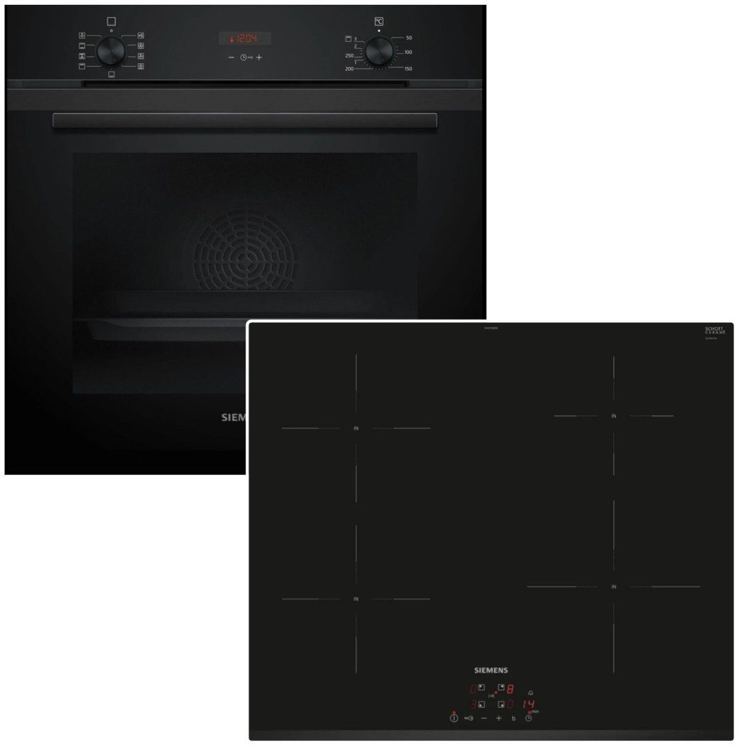 SIEMENS Backofen-Set Teleskopauszug 3D Heissluft EcoClean Induktion PowerBoost Schwarz, mit 1-fach Teilauszug, Hydrolyse