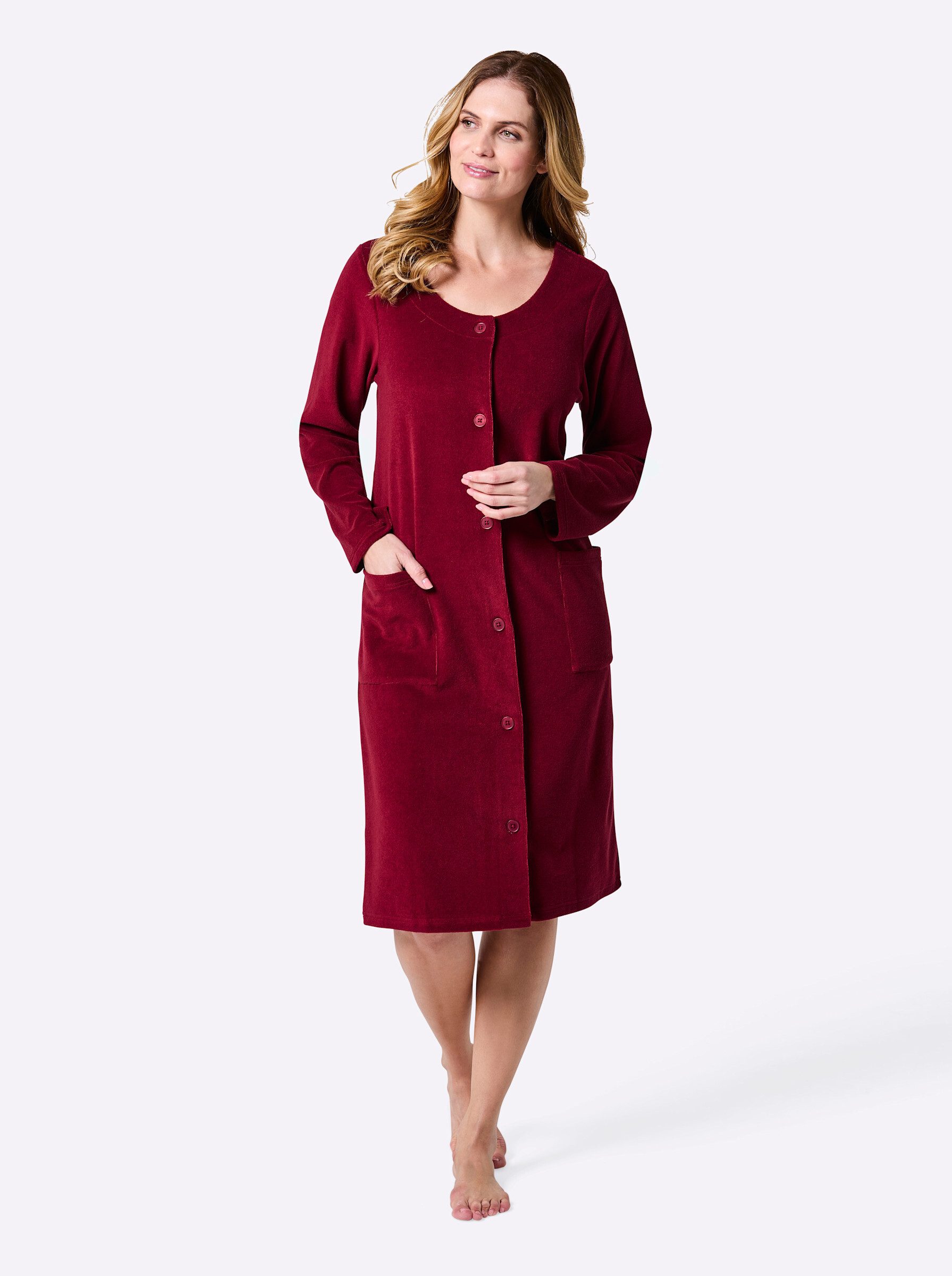 Witt Damenbademantel Bademantel Langarm, Baumwolle, Knopfleiste