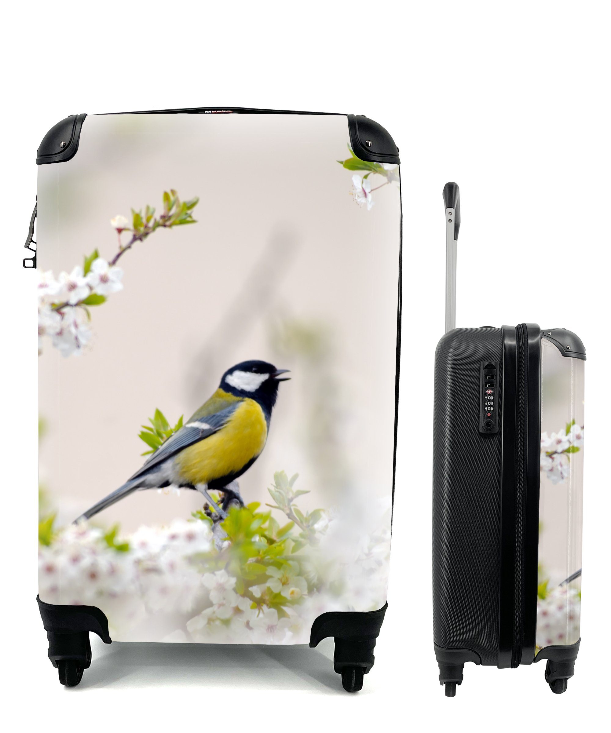 - - - Ferien, MuchoWow Vogel Handgepäck Rollen, Reisekoffer für Handgepäckkoffer 4 mit Kohlmeise rollen, Blütenbaum, Blumen Trolley, Reisetasche