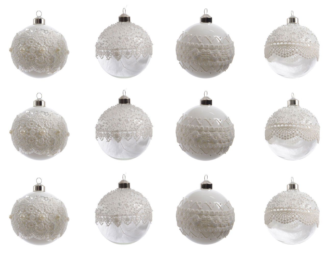 Decoris season decorations Weihnachtsbaumkugel, Weihnachtskugeln Glas mit Spitze und Federn 8cm klar / weiß, 12er Set