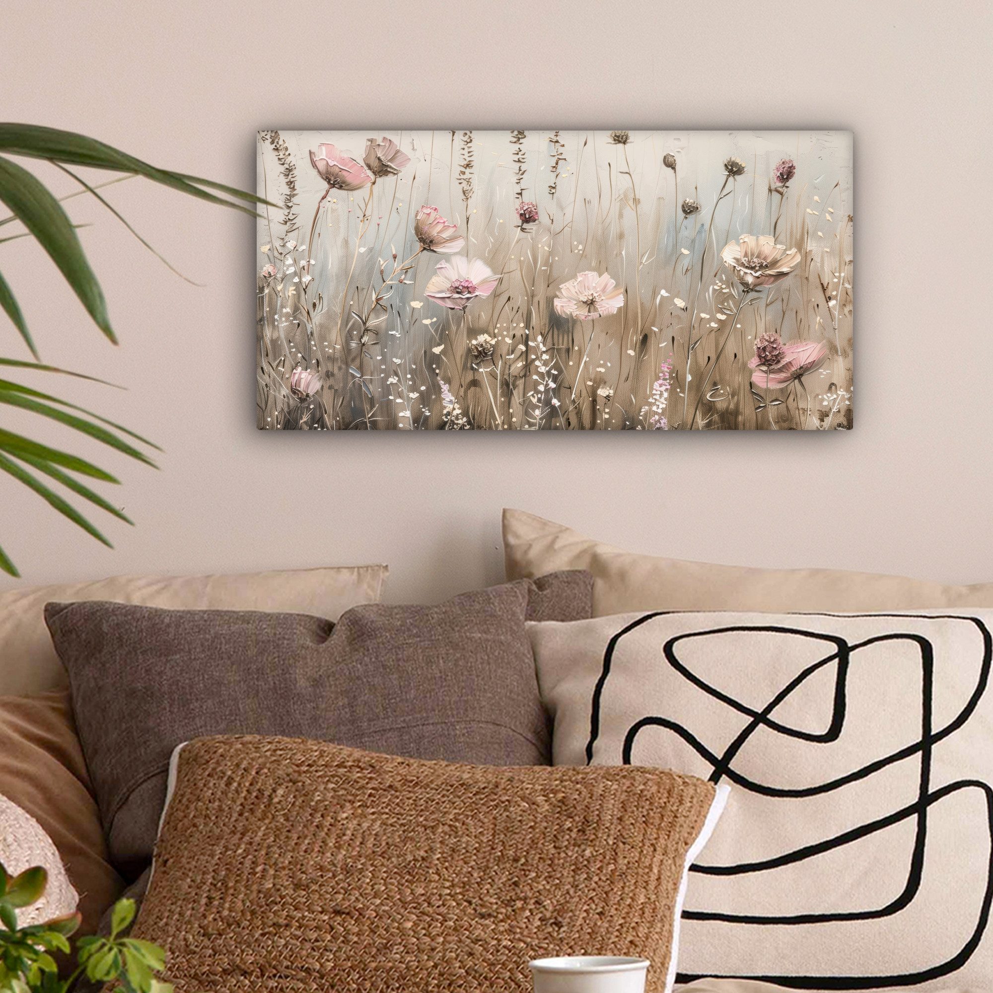 OneMillionCanvasses® Leinwandbild Panorama Blumen - Rosa - Modern - Beige, günstig online kaufen