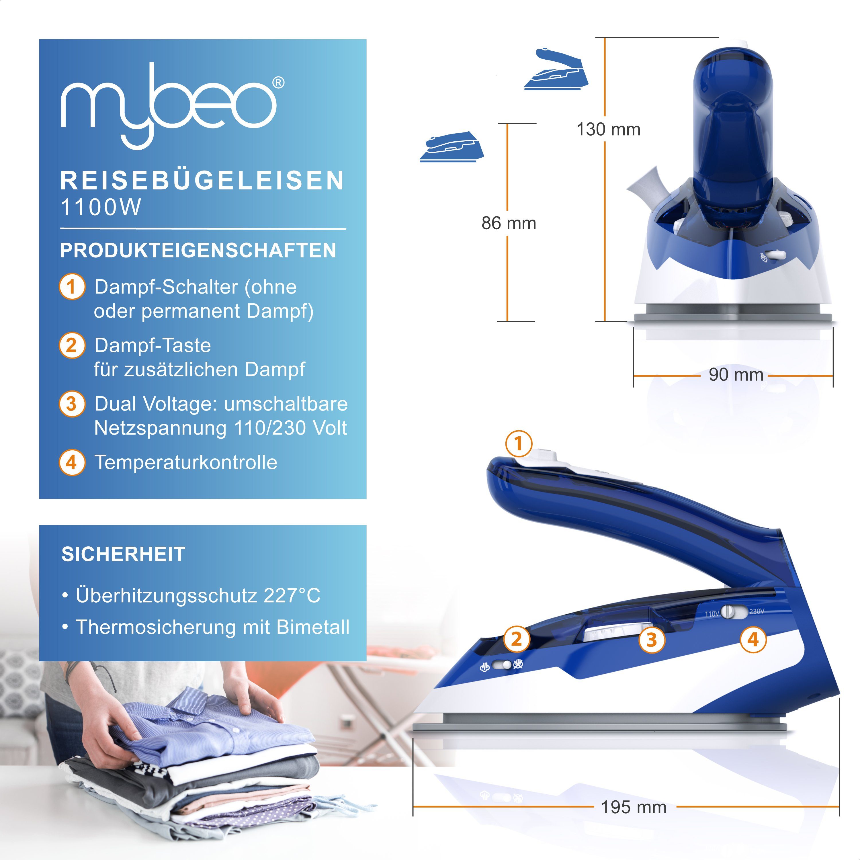 MyBeo Reise-Dampfbügeleisen faltbares Dampf Bügeleisen, Antihaft Edelstahl Gleitsohle & Dampfstoß, klein und leicht, 1100 W, Dual-Voltage 110/230V
