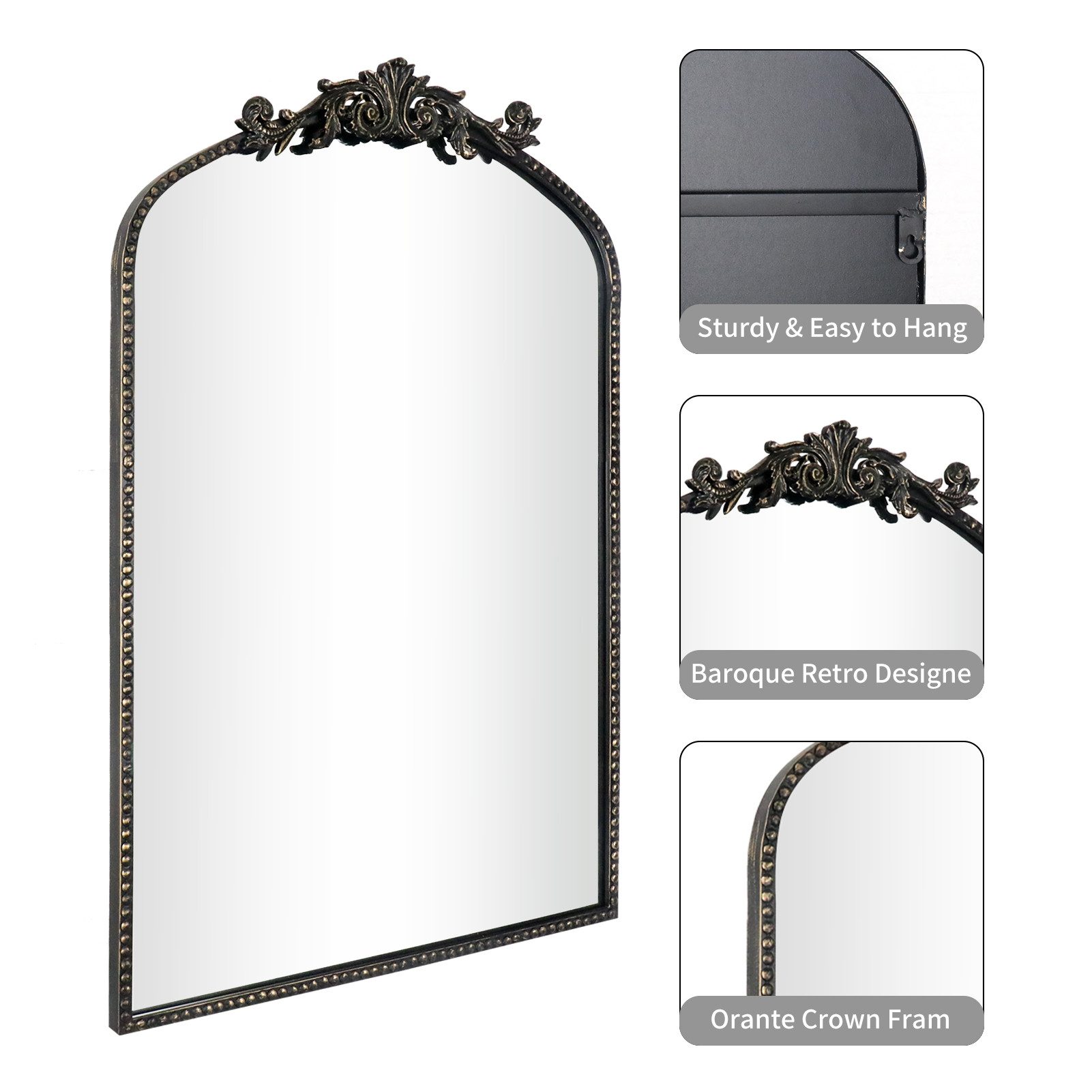 G-LEAF Spiegel Wandspiegel/Ganzkörperspiegel im Barockstil, mit Perlenverzierung (1-St), mit verschlungenen Mustern, 107×60cm, Vintage-Schwarz – Bild 5 von 5