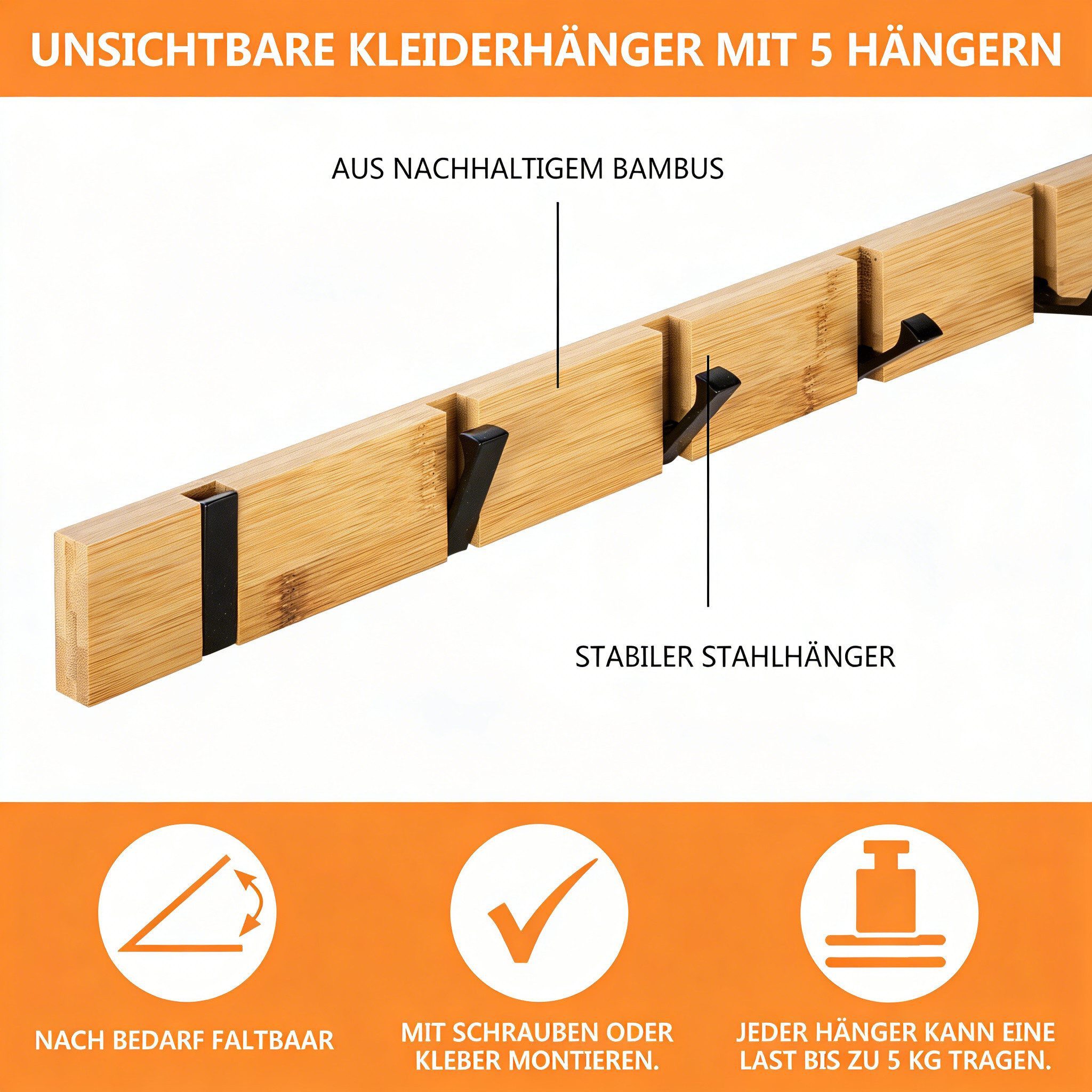 BlingBin Garderobenleiste Hakenleiste aus Massivholz mit 5 faltbaren Garderobenhaken (1 Stück, 1 St., 50*5.5*2cm Mit fünf verdeckten Haken), Wandgarderobe für Jacken, Mäntel, Schals, Hüten und Handtaschen