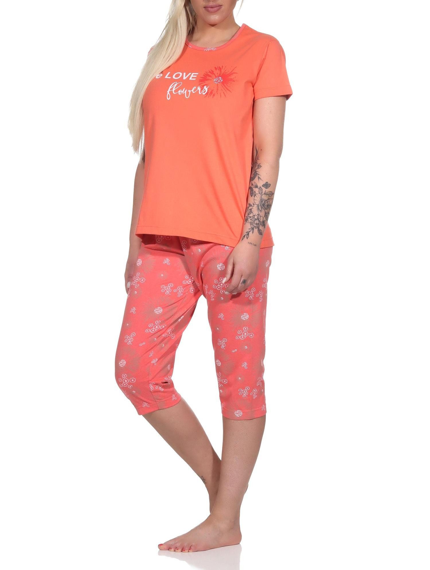 Normann Pyjama Damen kurzarm Schlafanzug mit Caprihose in geblümter Optik – Bild 3 von 5