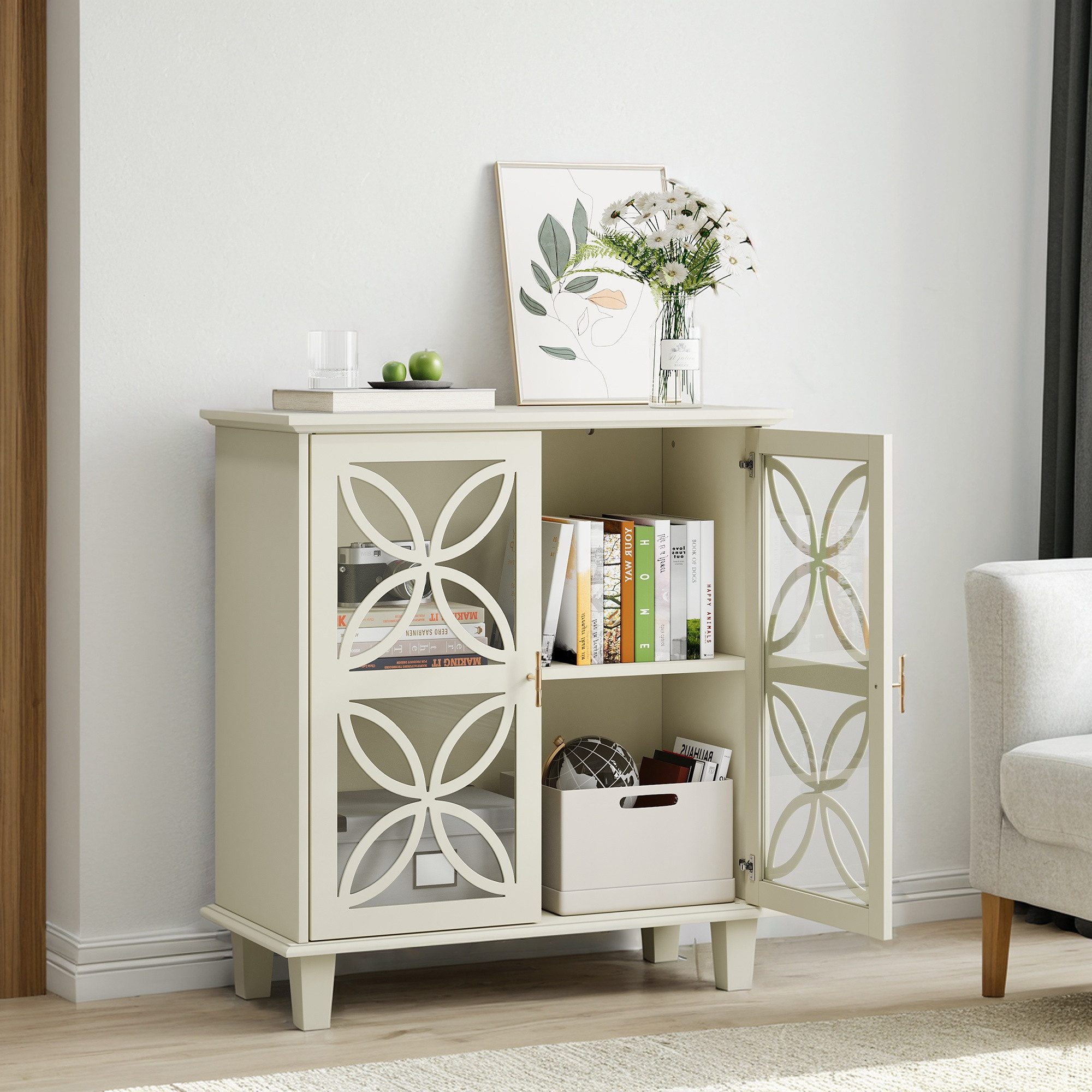 IDEASY Sideboard Sideboard mit verstellb. Böden & Hartglastüren Creme